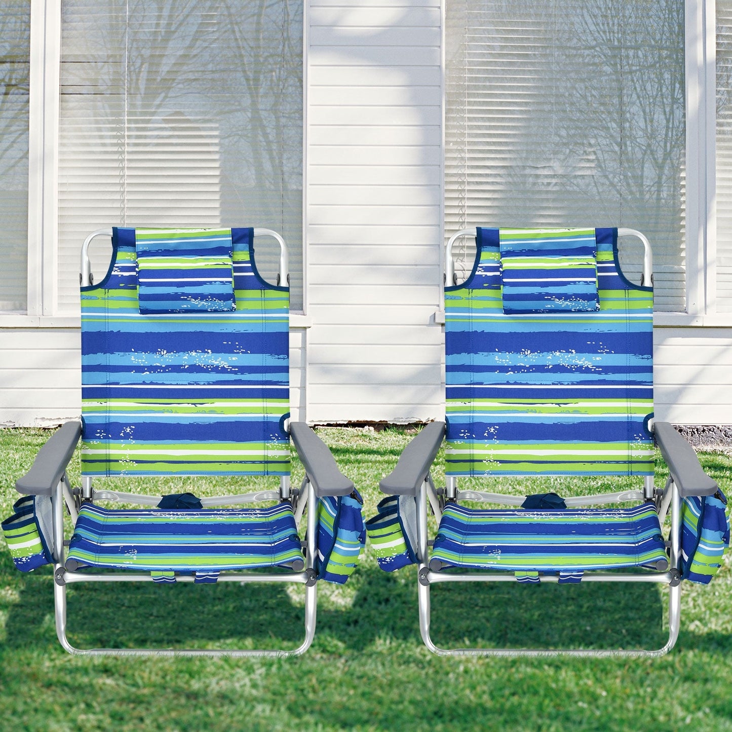 2-Pack Folding Backpack Beach Chair 5-Position Outdoor Reclining Chairs with Pillow-Blue on grass