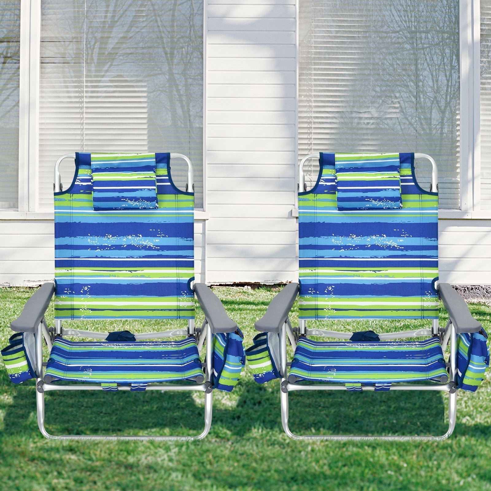 2-Pack Folding Backpack Beach Chair 5-Position Outdoor Reclining Chairs with Pillow-Blue on grass