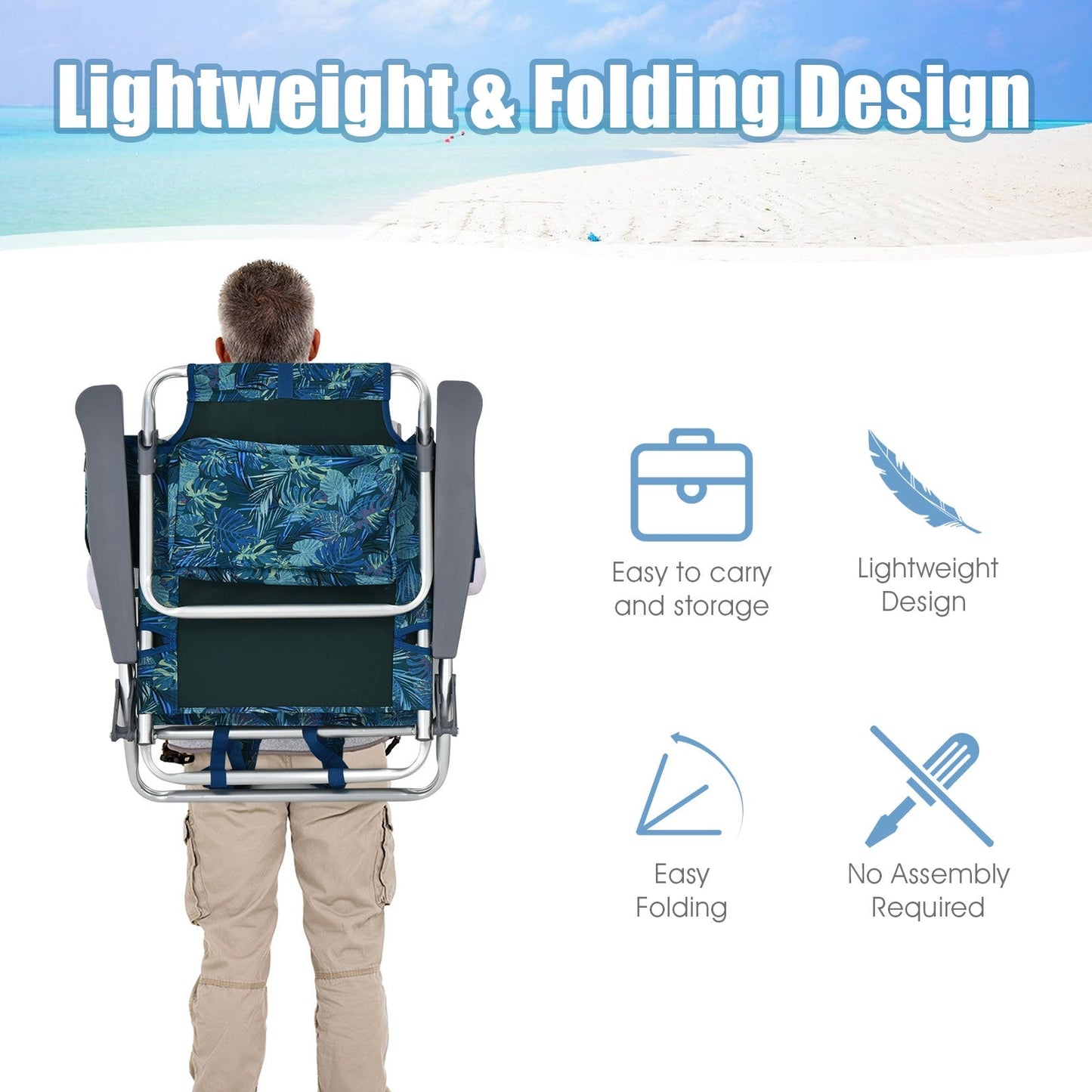 Back view of person carrying 2-Pack Folding Backpack Beach Chair 5-Position Outdoor Reclining Chairs with Pillow-Blue on beach