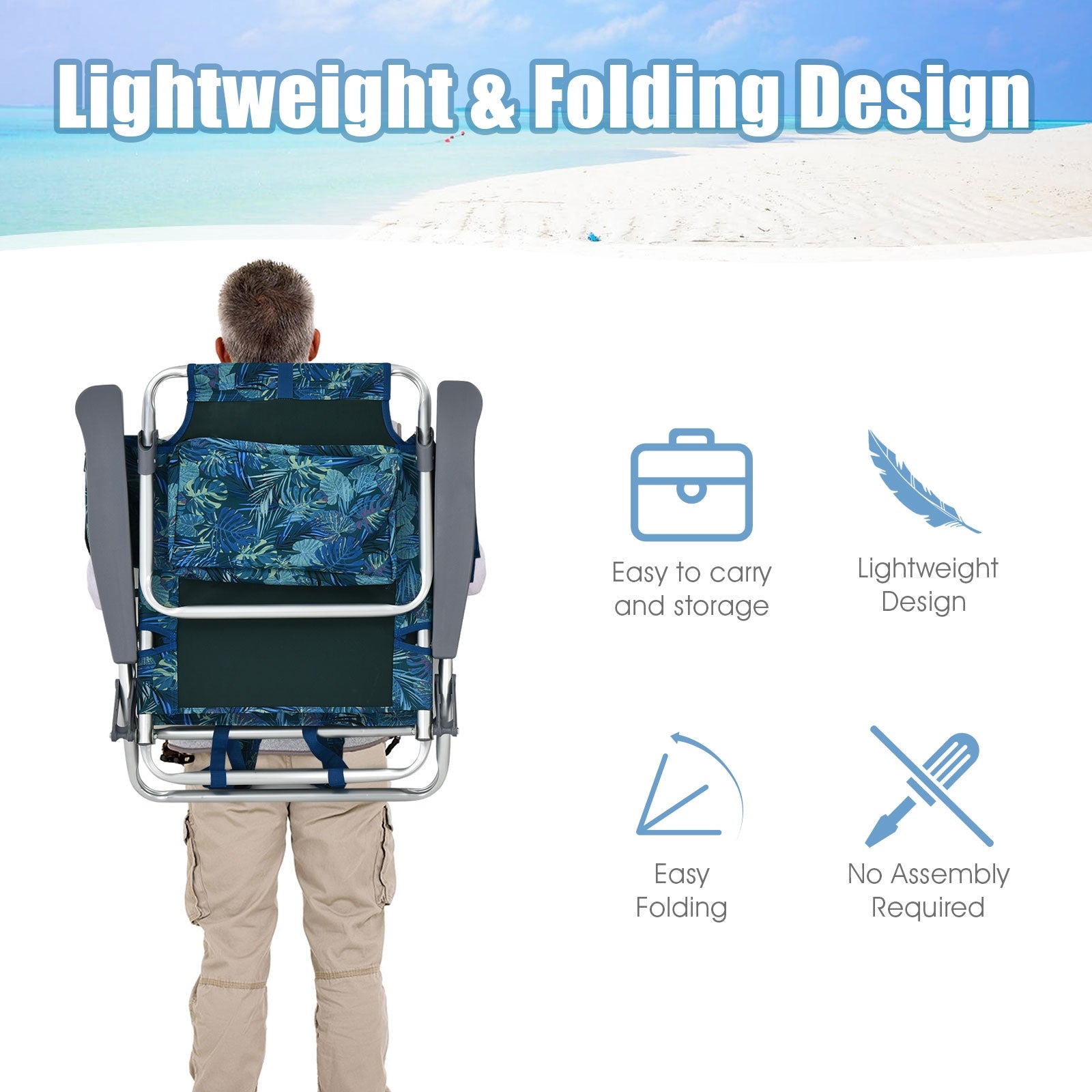 Back view of person carrying 2-Pack Folding Backpack Beach Chair 5-Position Outdoor Reclining Chairs with Pillow-Blue on beach