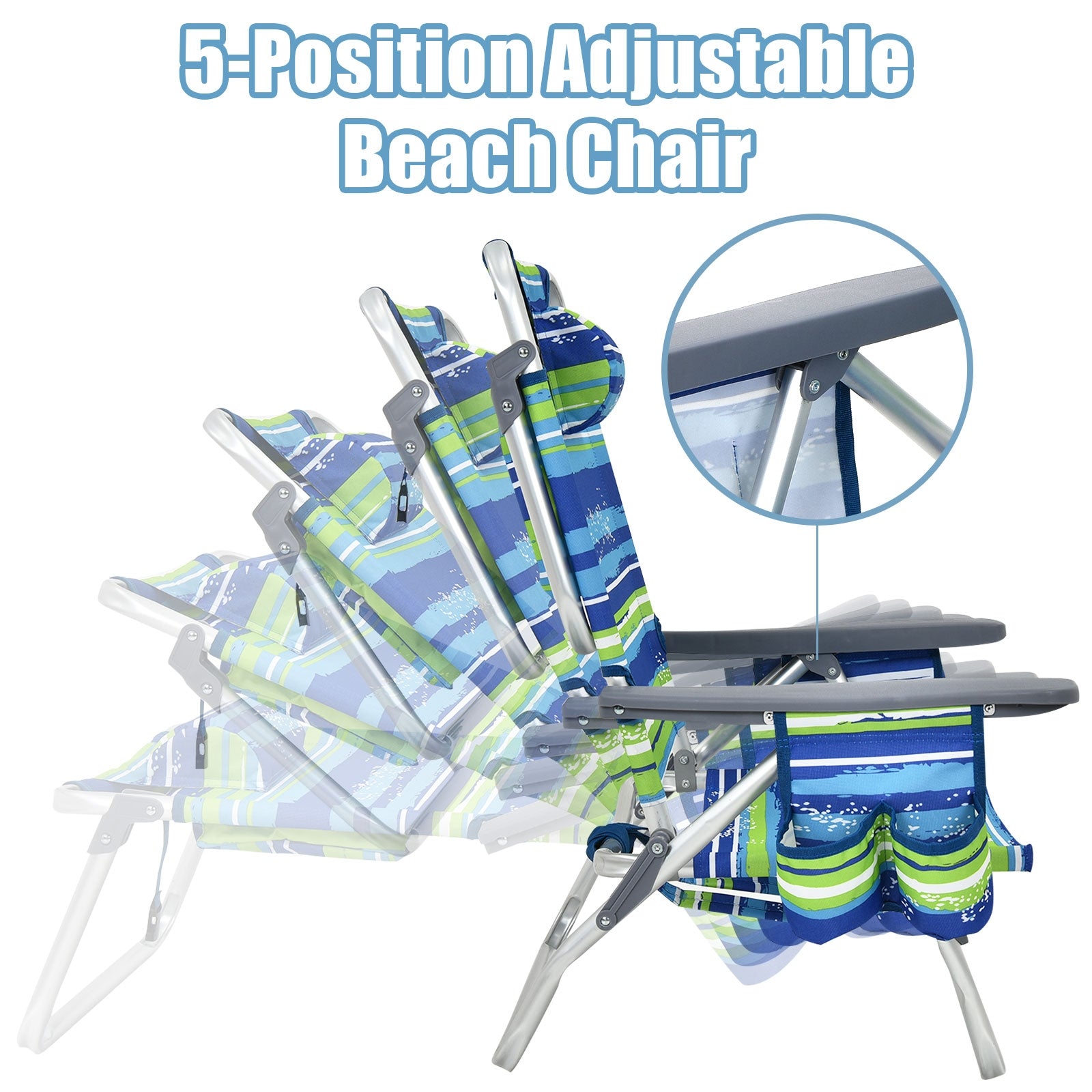 2-Pack Folding Backpack Beach Chair 5-Position Outdoor Reclining Chairs with Pillow-Blue with adjustable positions
