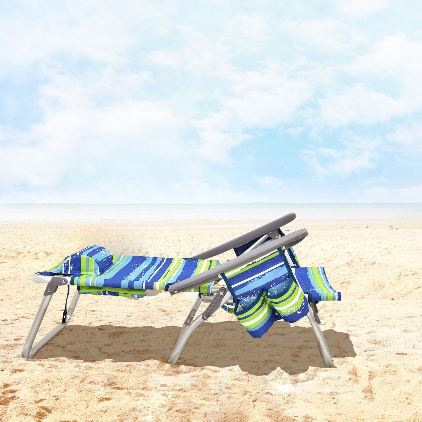 2-Pack Folding Backpack Beach Chair 5-Position Outdoor Reclining Chairs with Pillow-Blue on a sandy beach