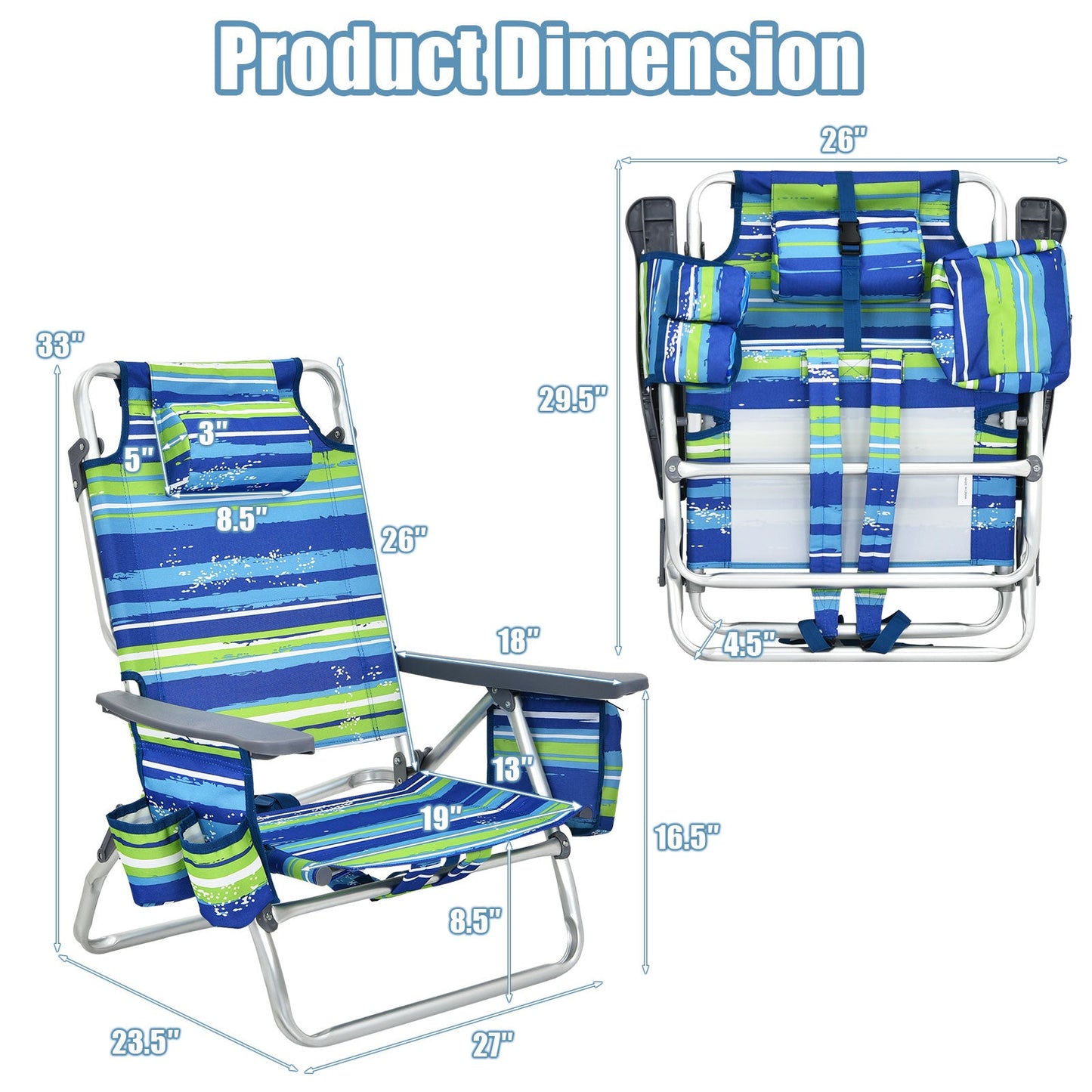 2-Pack Folding Backpack Beach Chair 5-Position Outdoor Reclining Chairs with Pillow-Blue dimensions and features displayed.