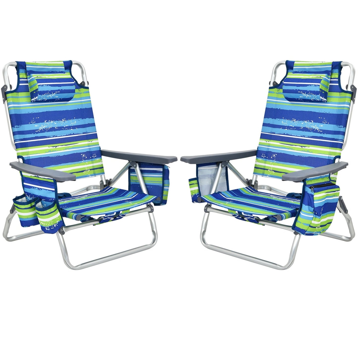2-Pack Folding Backpack Beach Chair 5-Position Outdoor Reclining Chairs with Pillow-Blue featuring adjustable backrest and storage pockets