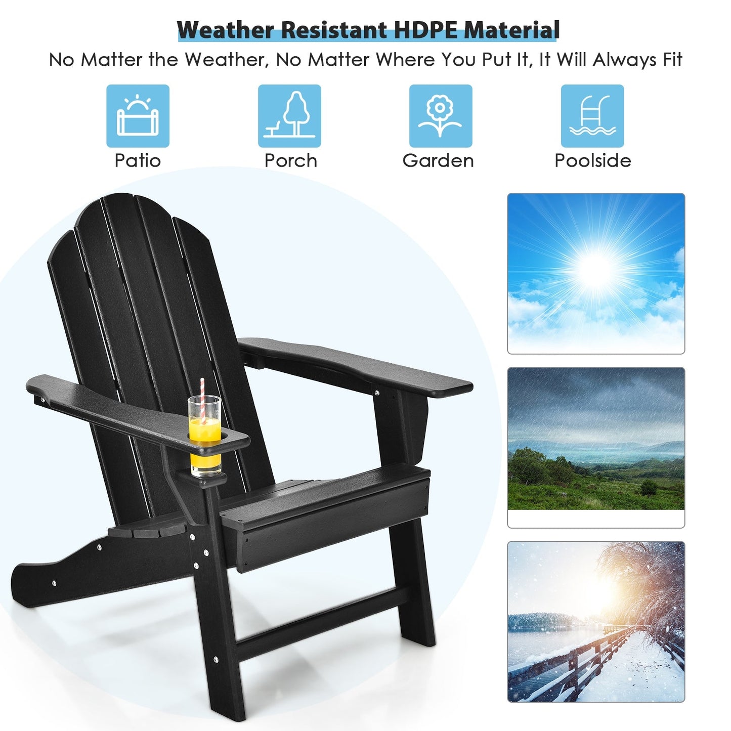 Outdoor Adirondack Chair with Built-in Cup Holder for Backyard Porch-Black in various weather conditions.