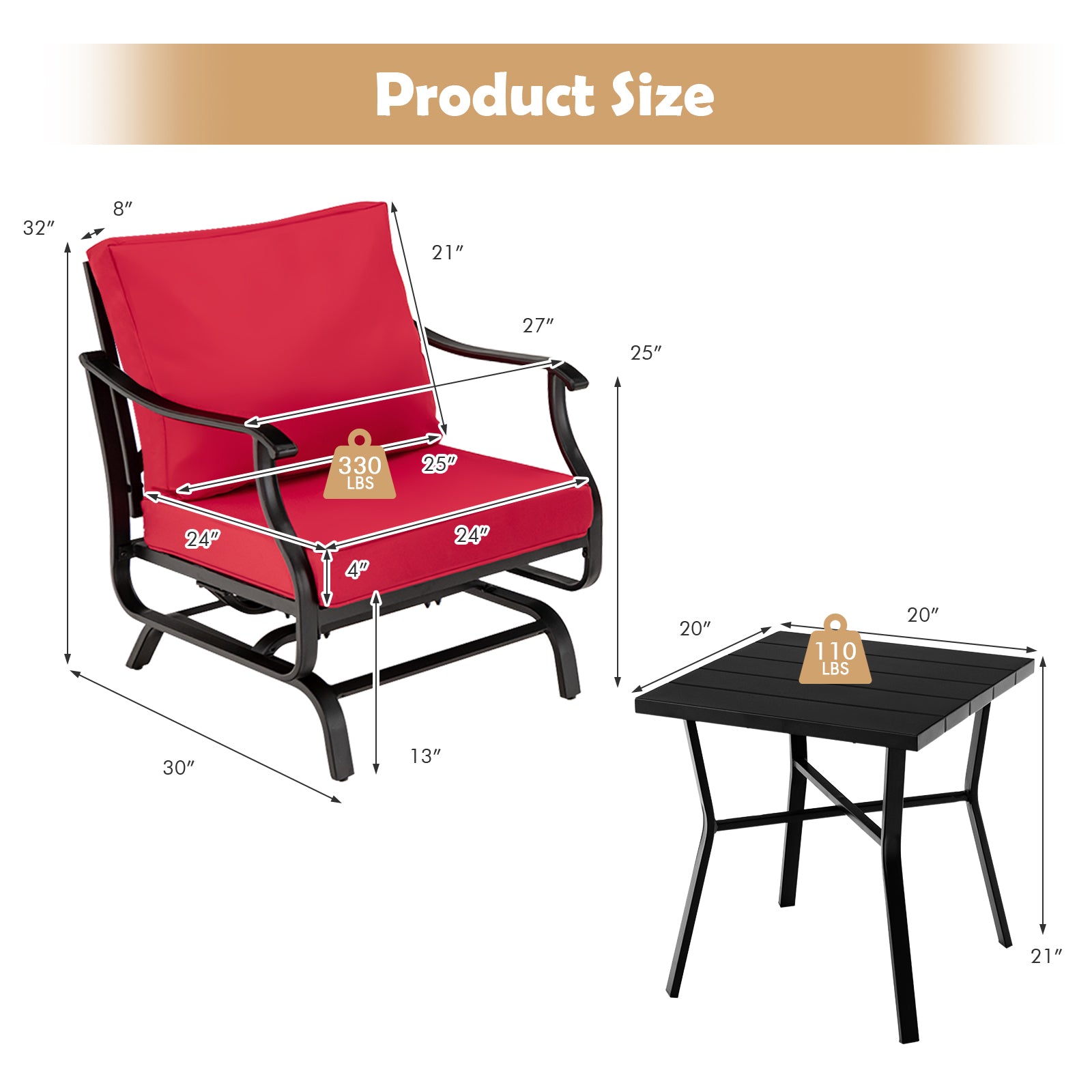 Dimensions of 3 Piece Patio Rocking Chair Set with Coffee Table-Red, showing chair and table with weight limits and measurements.