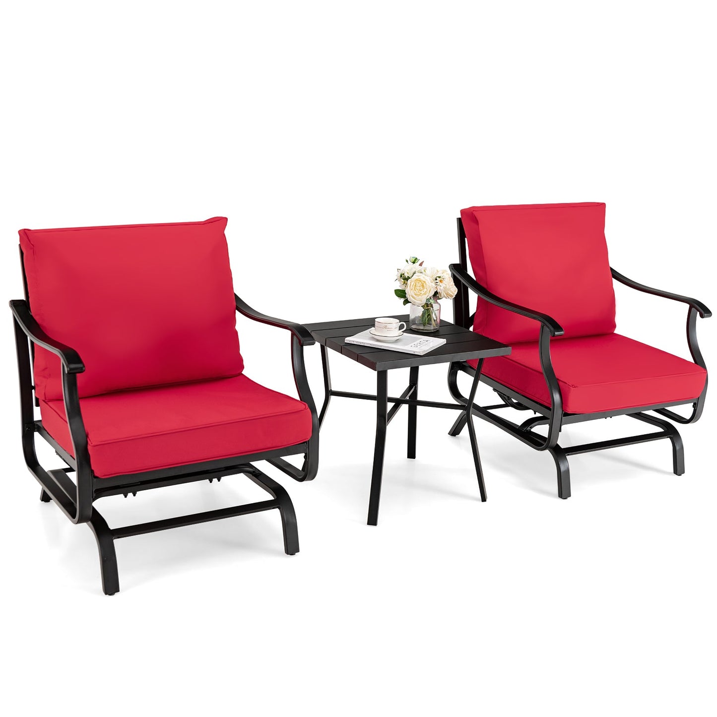 3 Piece Patio Rocking Chair Set with Coffee Table-Red, featuring comfortable red cushions and ergonomic design for outdoor relaxation.