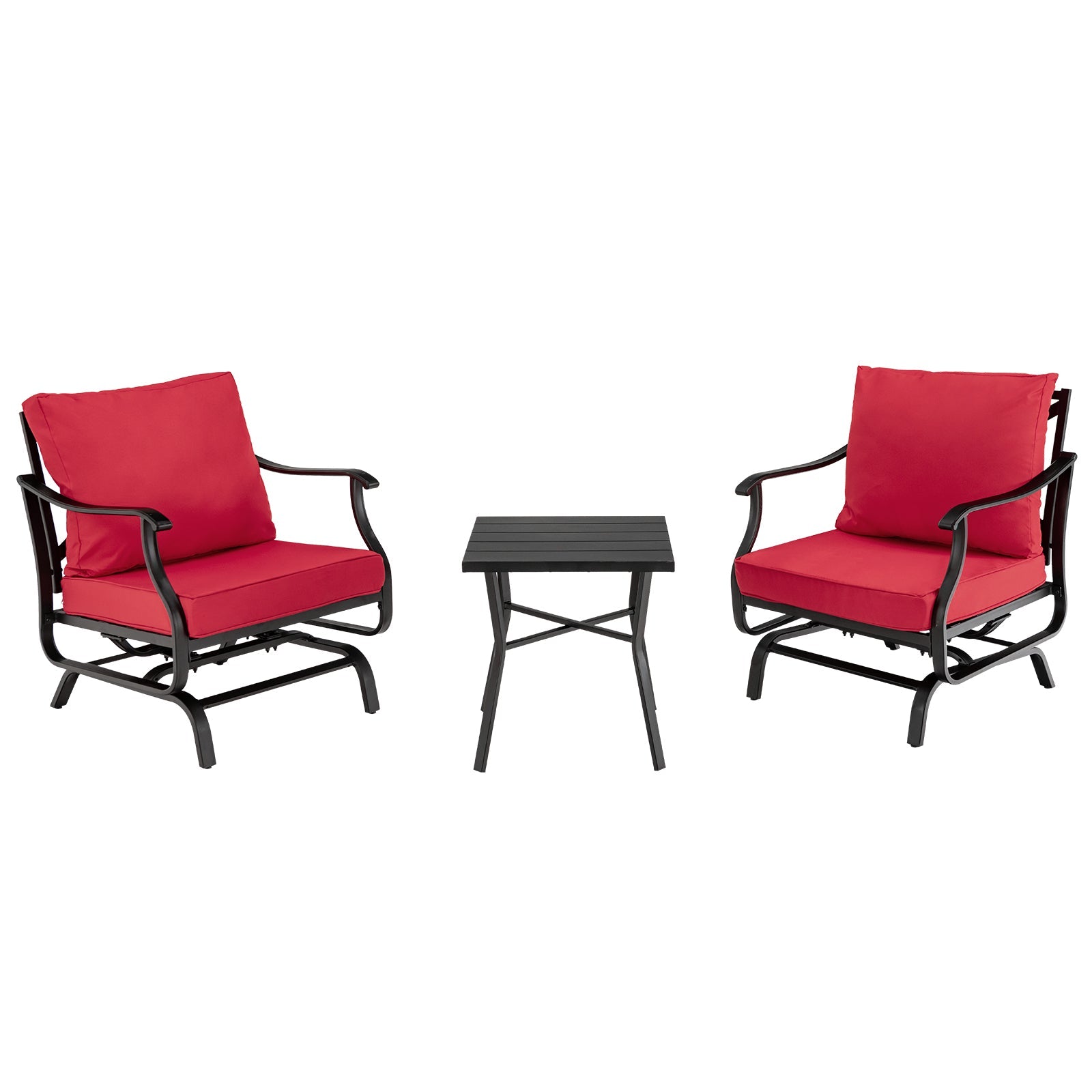3 Piece Patio Rocking Chair Set with Coffee Table-Red featuring two glider chairs with red cushions and a matching square coffee table.