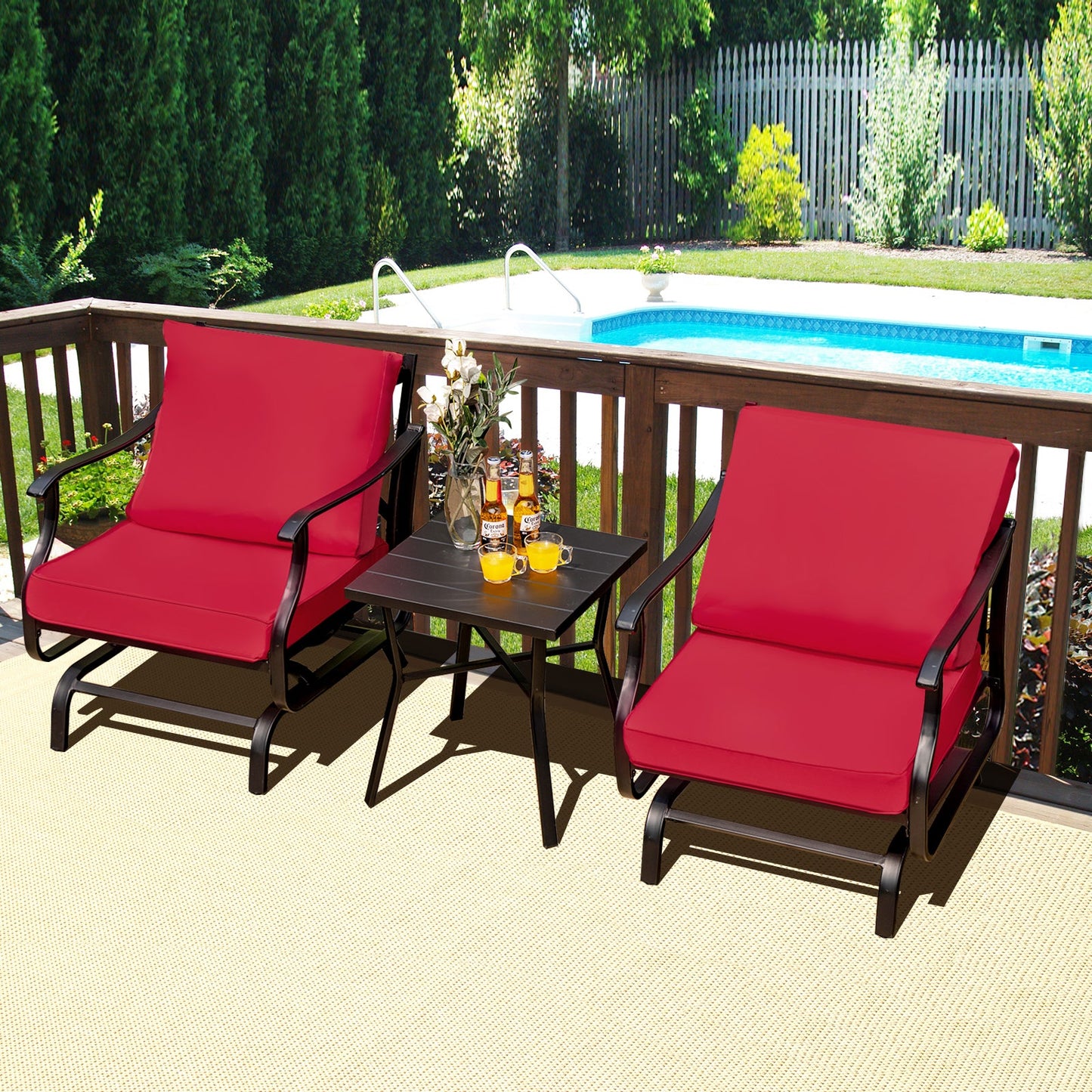 3 Piece Patio Rocking Chair Set with Coffee Table-Red by pool