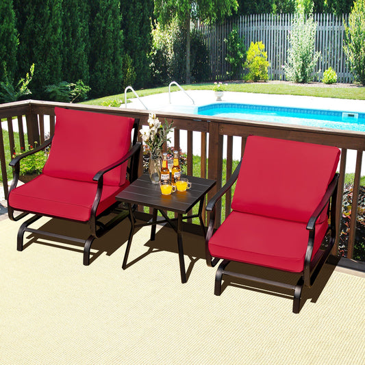 3 Piece Patio Rocking Chair Set with Coffee Table-Red by pool