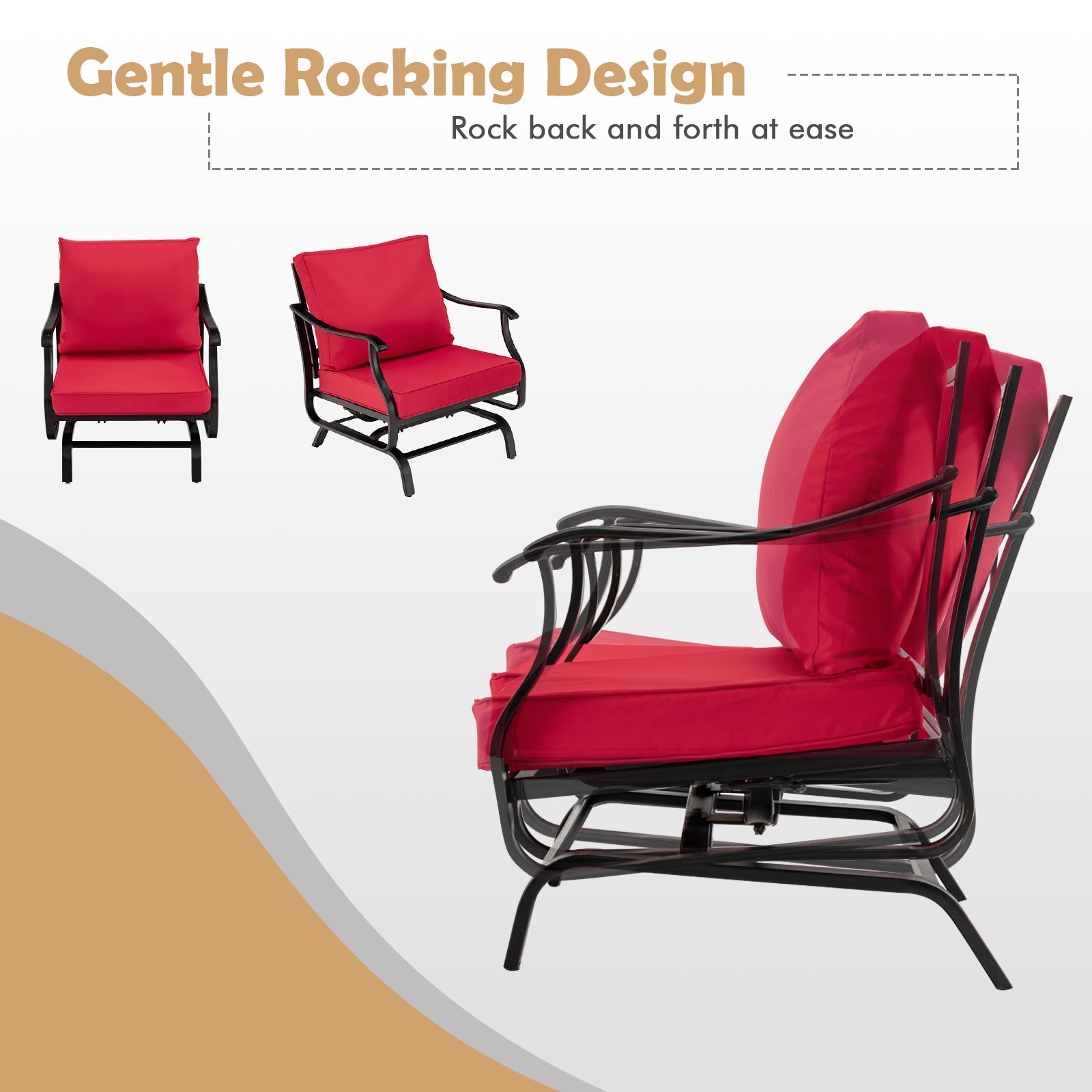 3 Piece Patio Rocking Chair Set with Coffee Table-Red, featuring gentle rocking design and red cushions.