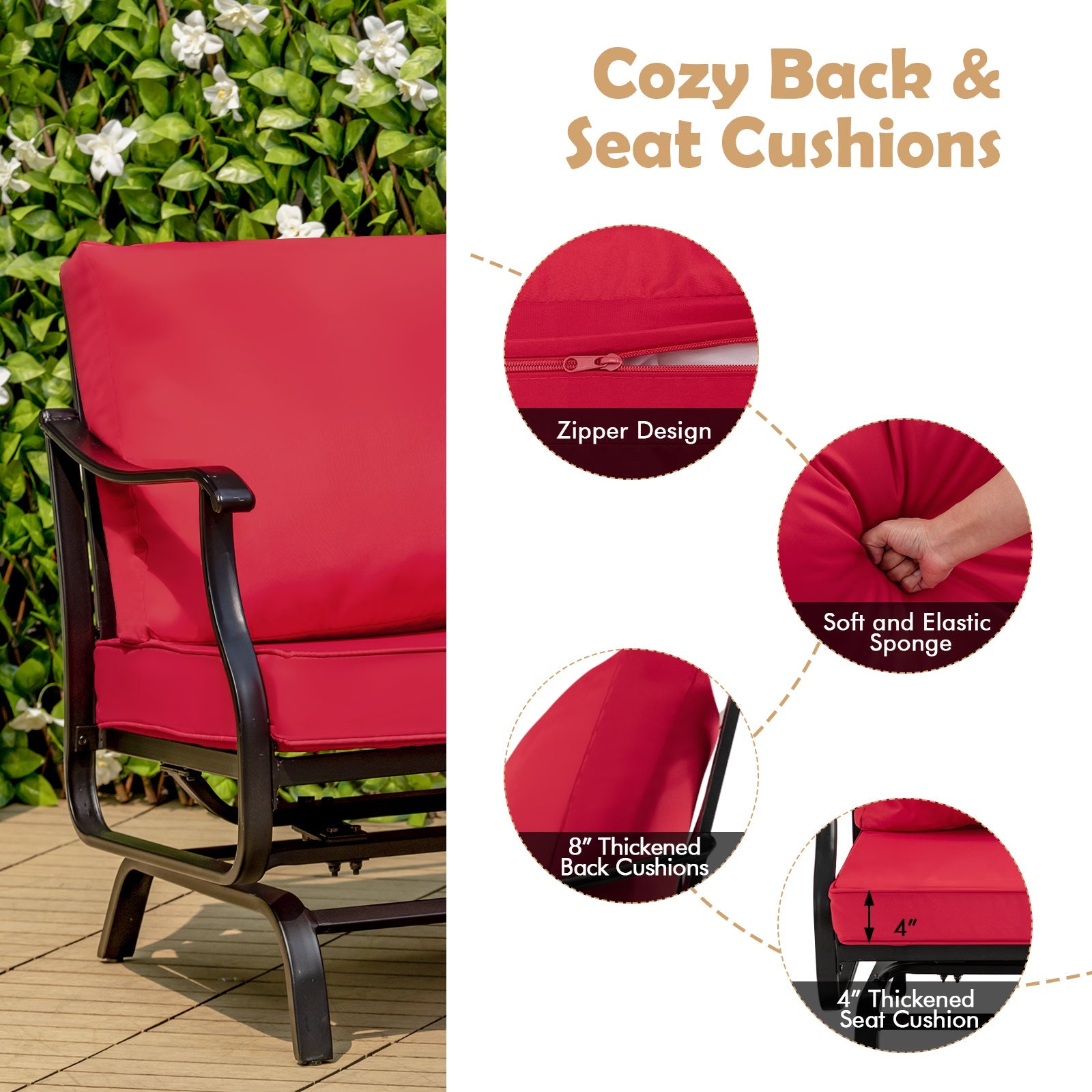 3 Piece Patio Rocking Chair Set with Coffee Table-Red showing cozy back and seat cushions with zipper design and elastic sponge.