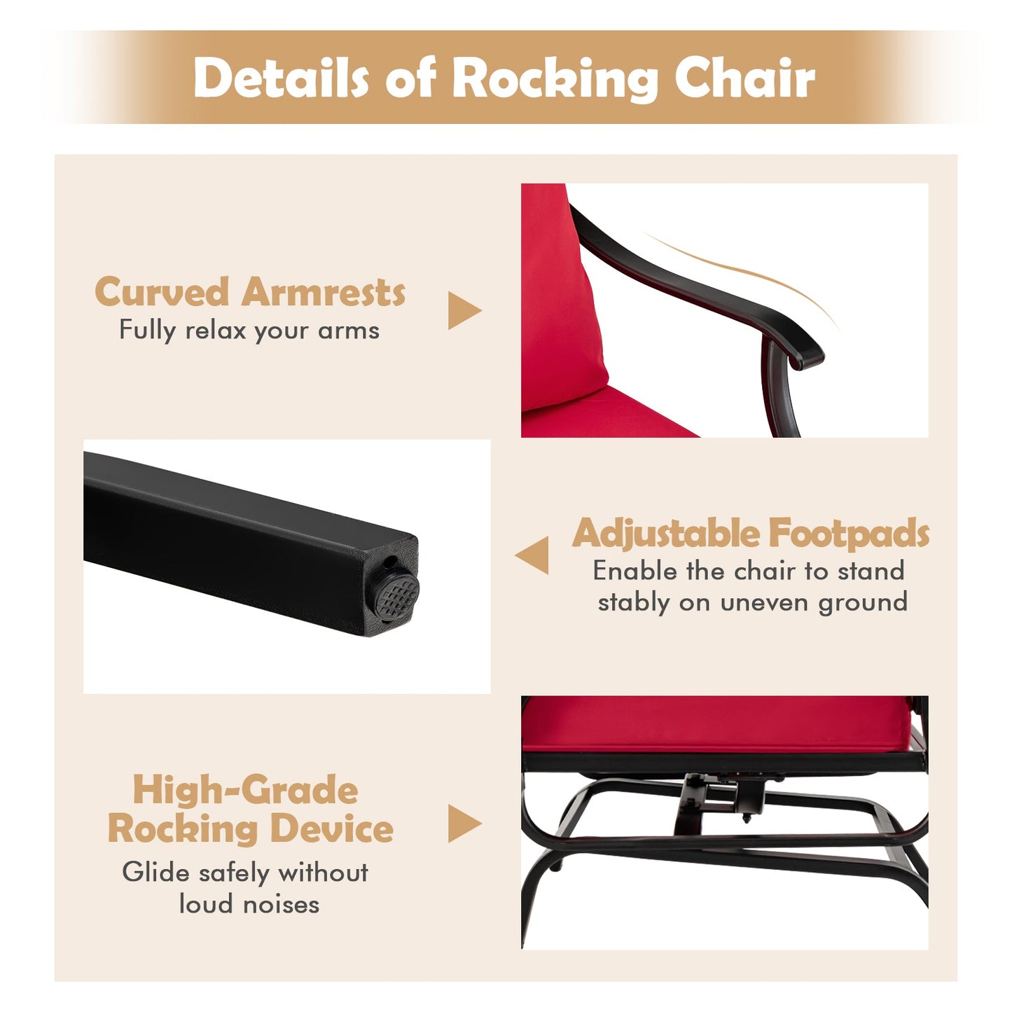 Details of 3 Piece Patio Rocking Chair Set with Coffee Table-Red, featuring curved armrests, adjustable footpads, and high-grade rocking device.