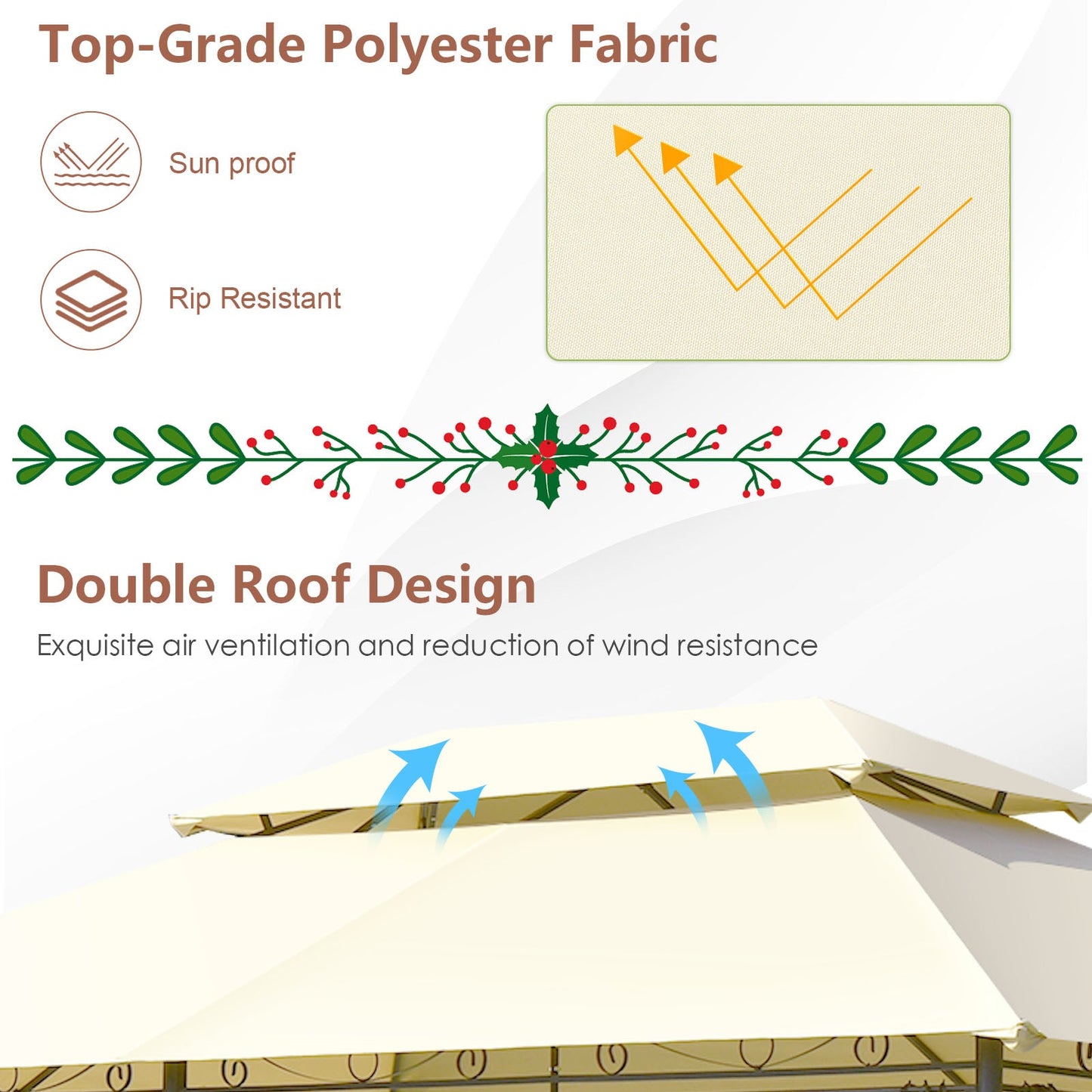 Diagram highlighting features of 10 Feet x 13 Feet Tent Canopy Shelter with Removable Netting Sidewall-Beige, showcasing polyester fabric.