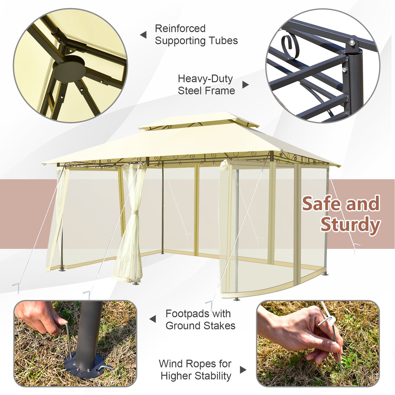 10 Feet x 13 Feet Tent Canopy Shelter with Removable Netting Sidewall-Beige showing reinforced structure, steel frame, and ground stakes.