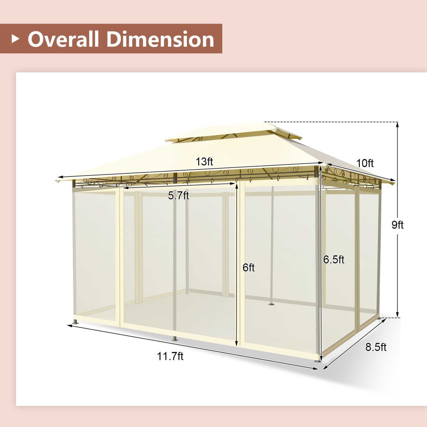 Overall dimensions of 10 Feet x 13 Feet Tent Canopy Shelter with Removable Netting Sidewall-Beige showing size and structure.