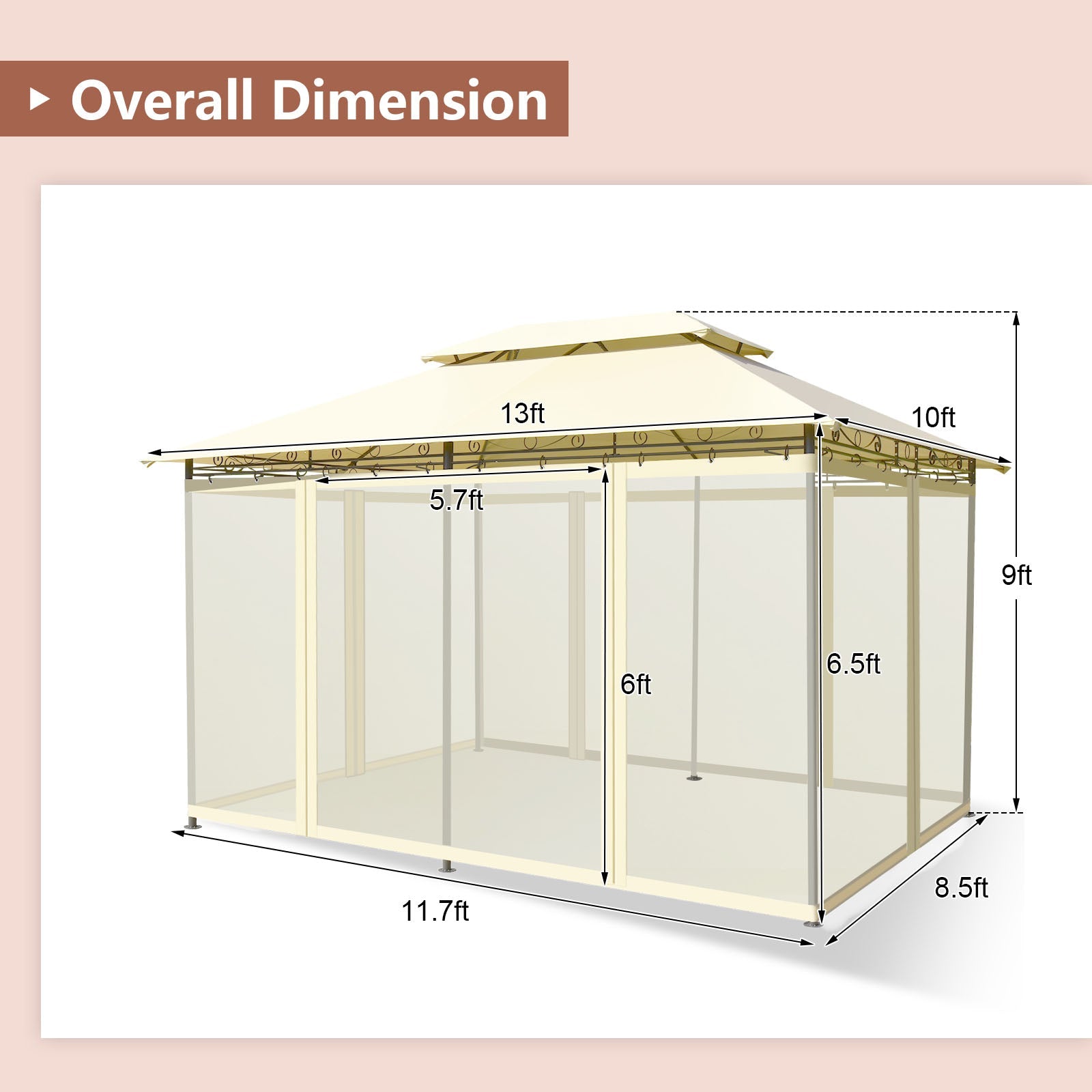 Overall dimensions of 10 Feet x 13 Feet Tent Canopy Shelter with Removable Netting Sidewall-Beige showing size and structure.