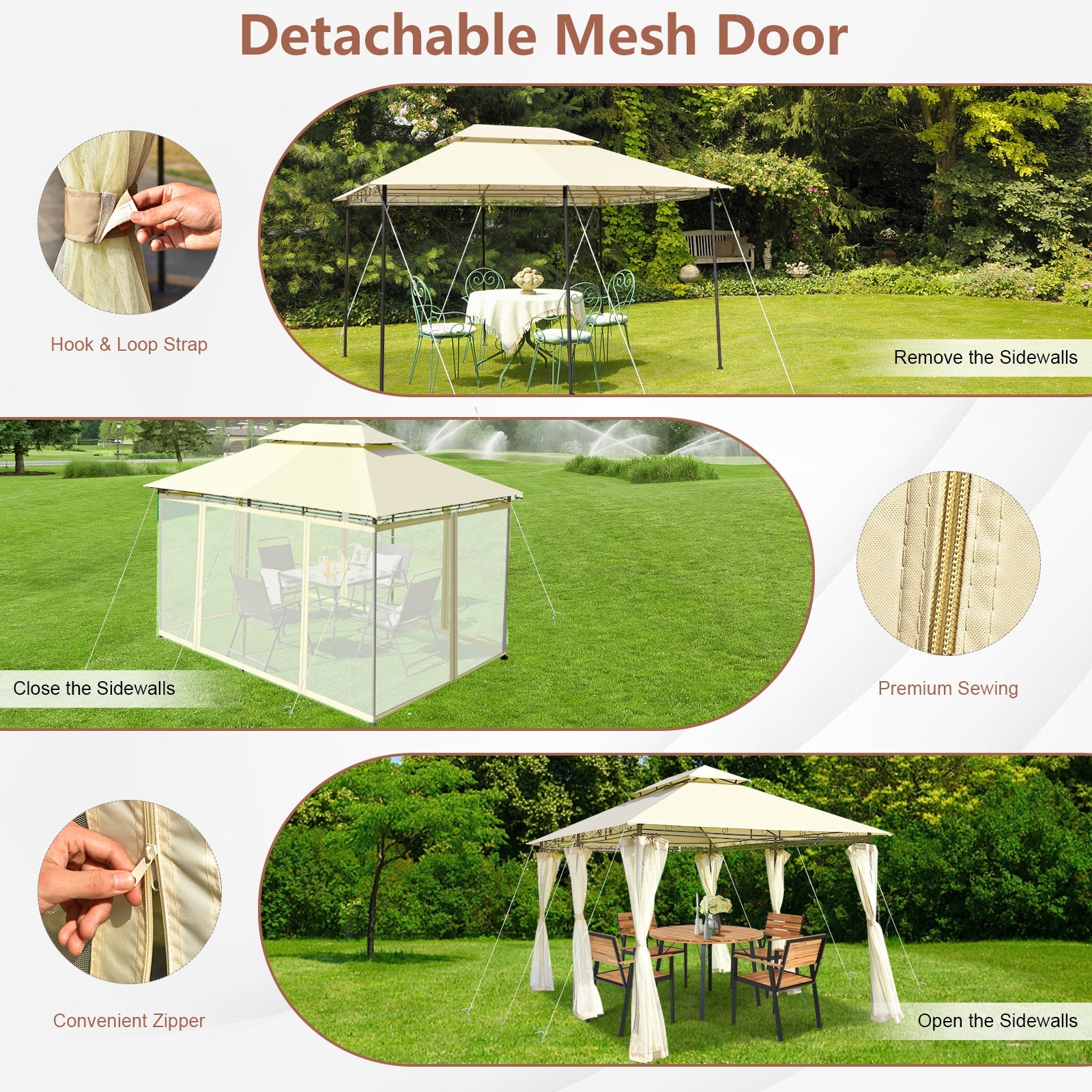 10 Feet x 13 Feet Tent Canopy Shelter with Removable Netting Sidewall-Beige showing detachable mesh door and premium features.