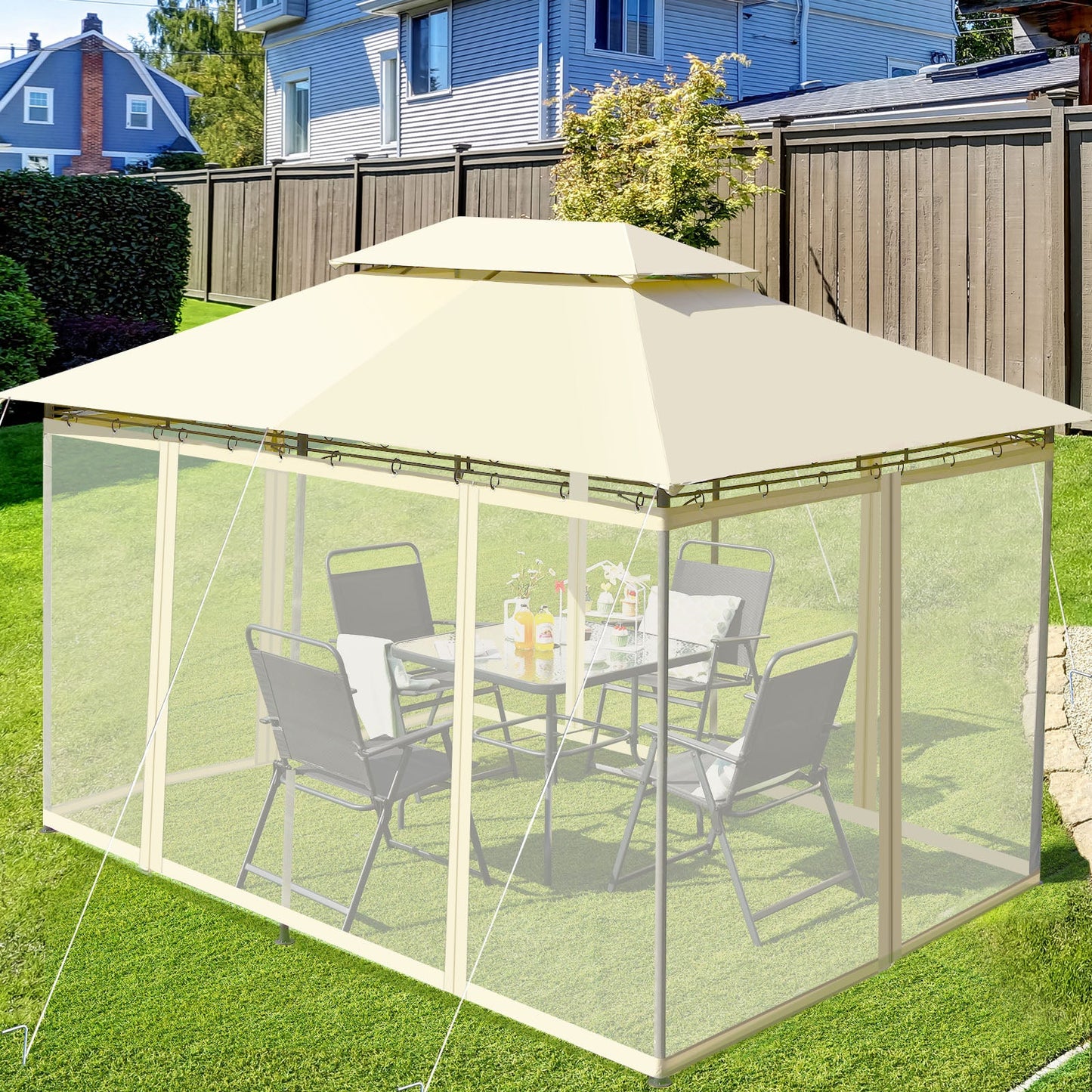 10 Feet x 13 Feet Tent Canopy Shelter with Removable Netting Sidewall-Beige in backyard setting with table and chairs inside