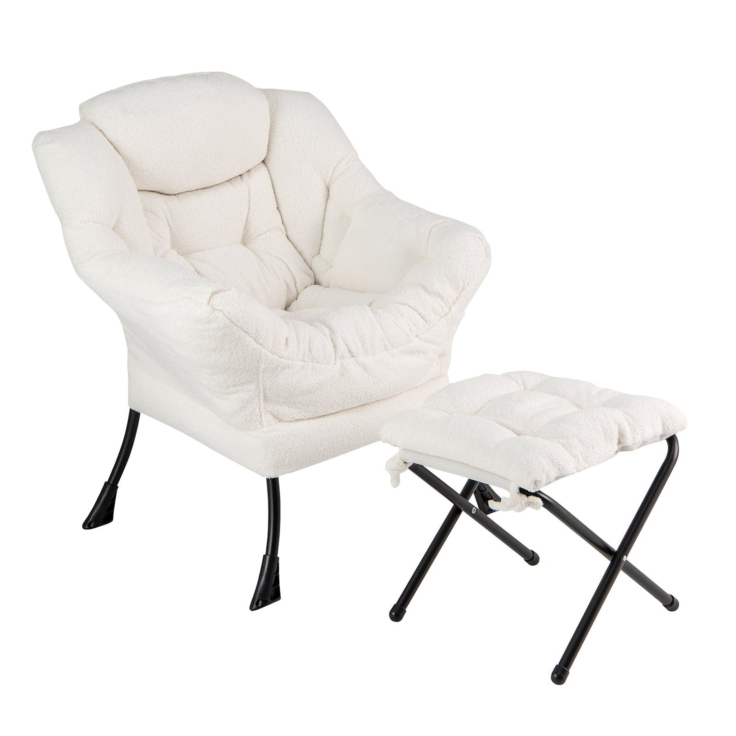 Modern Accent Chair with Folding Footrest and Head Pillow-Beige featuring ergonomic design and sherpa cover for ultimate comfort