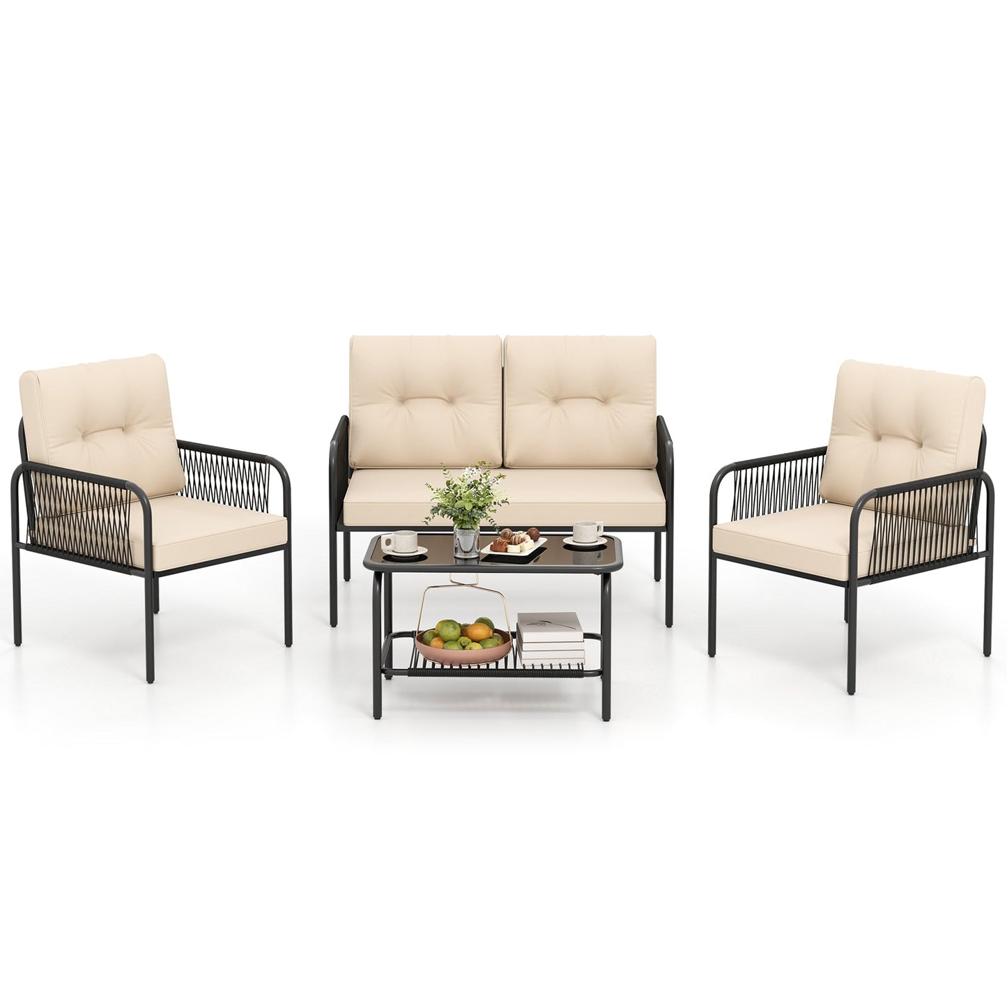 4 Pieces Patio Furniture Set PE Rattan Sofa Chairs with Loveseat-Beige featuring cushions and coffee table, perfect for outdoor use.