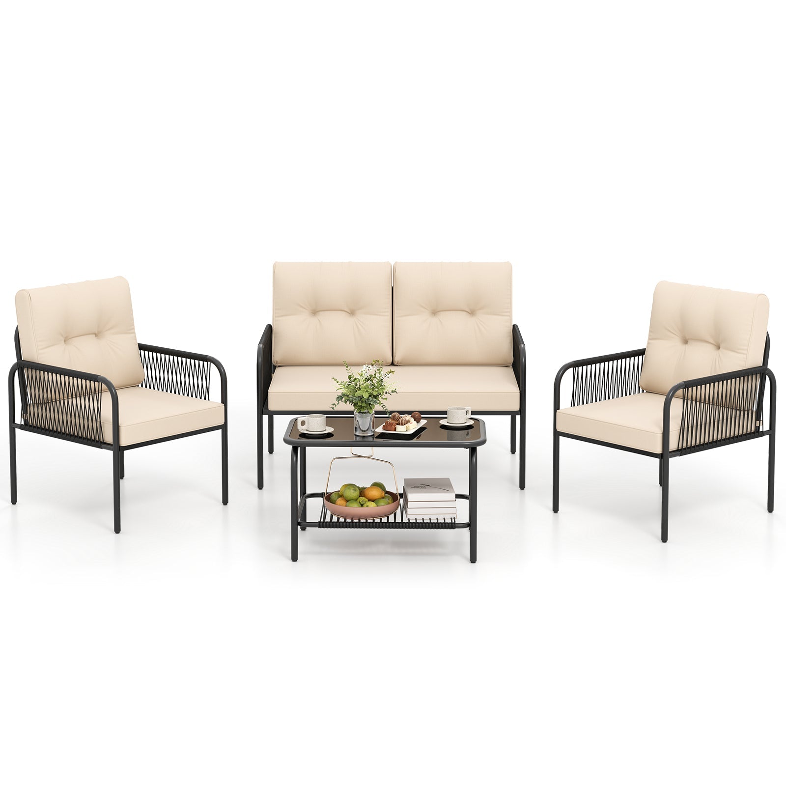 4 Pieces Patio Furniture Set PE Rattan Sofa Chairs with Loveseat-Beige featuring cushions and coffee table, perfect for outdoor use.
