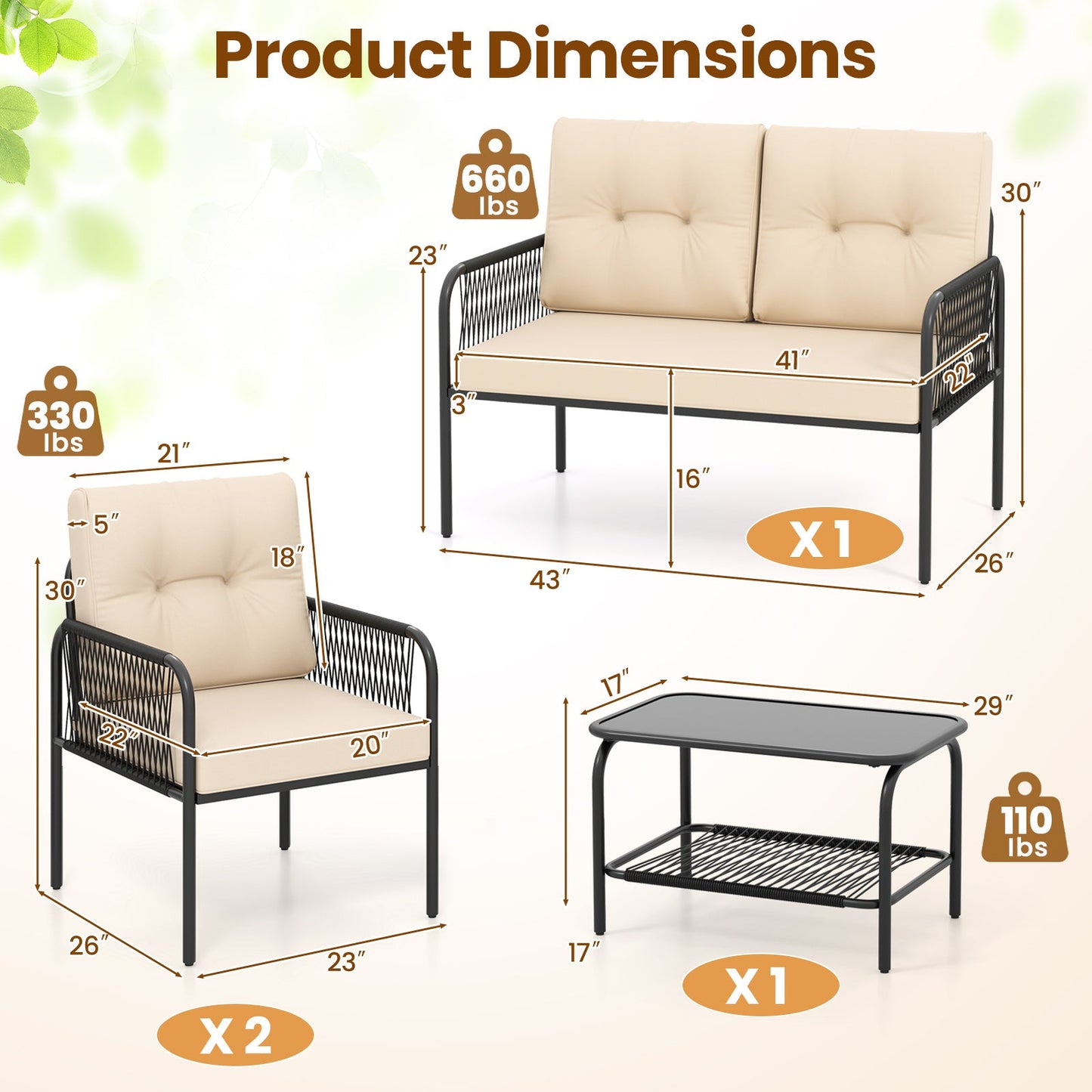 Diagram showing dimensions and weight capacity of 4 Pieces Patio Furniture Set PE Rattan Sofa Chairs with Loveseat-Beige
