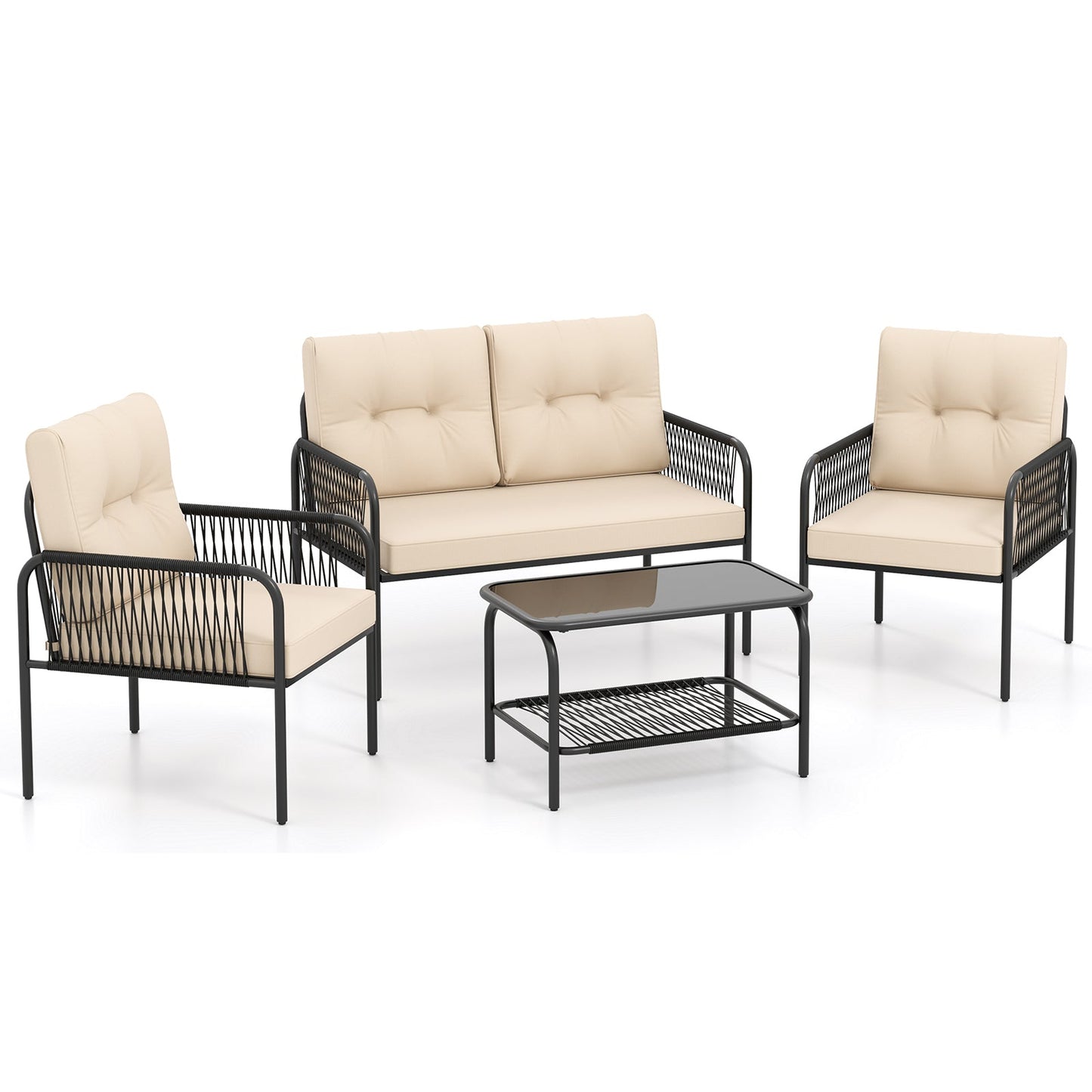 4 Pieces Patio Furniture Set PE Rattan Sofa Chairs with Loveseat-Beige featuring durable rattan and comfortable cushions with coffee table.