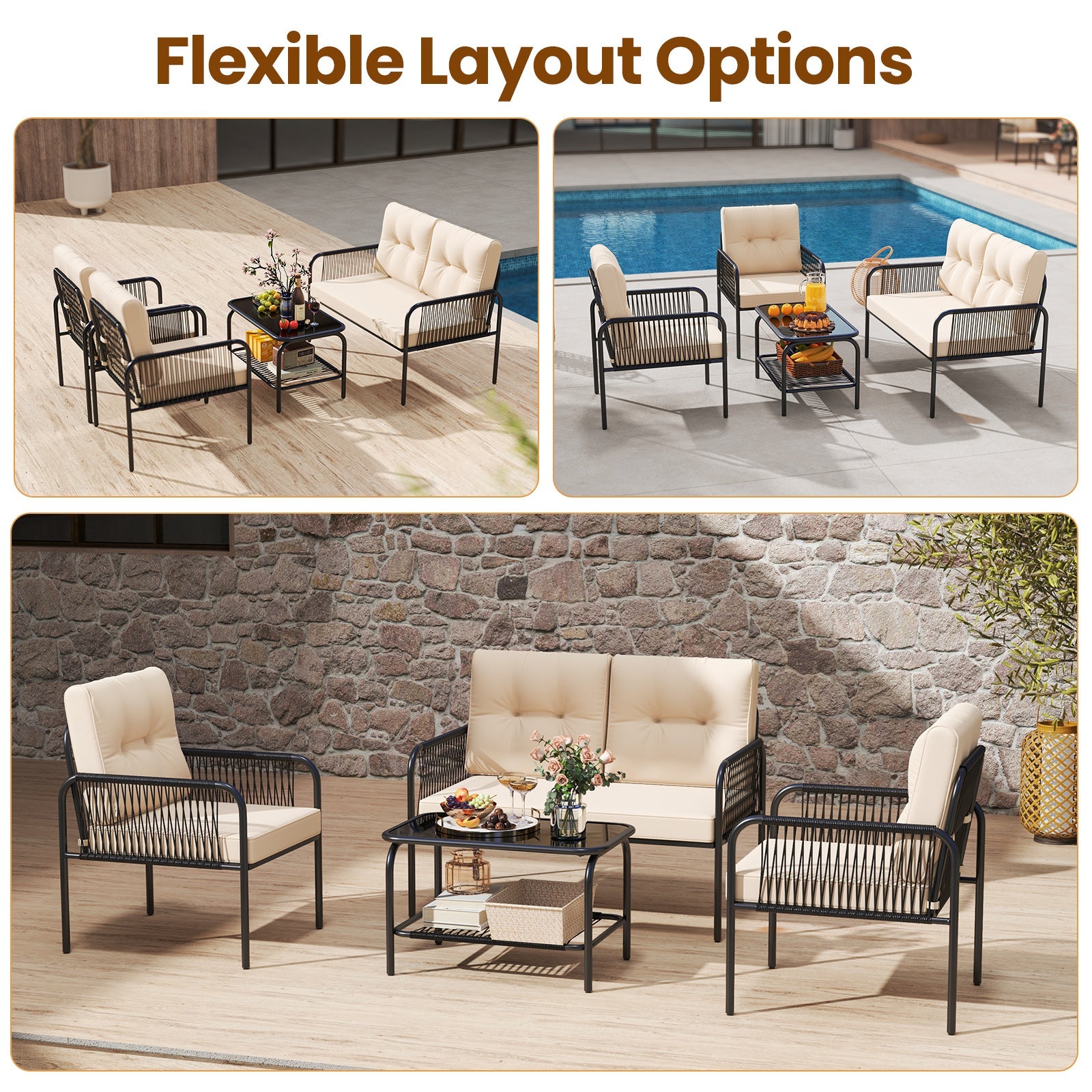 4 Pieces Patio Furniture Set PE Rattan Sofa Chairs with Loveseat-Beige in different outdoor layouts
