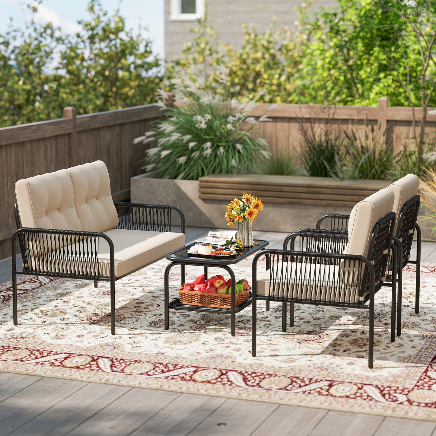 4 Pieces Patio Furniture Set PE Rattan Sofa Chairs with Loveseat-Beige in a garden setting with cushions and coffee table