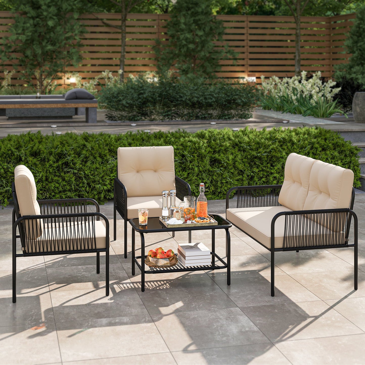 4 Pieces Patio Furniture Set PE Rattan Sofa Chairs with Loveseat-Beige on patio with coffee table, outdoor seating arrangement.