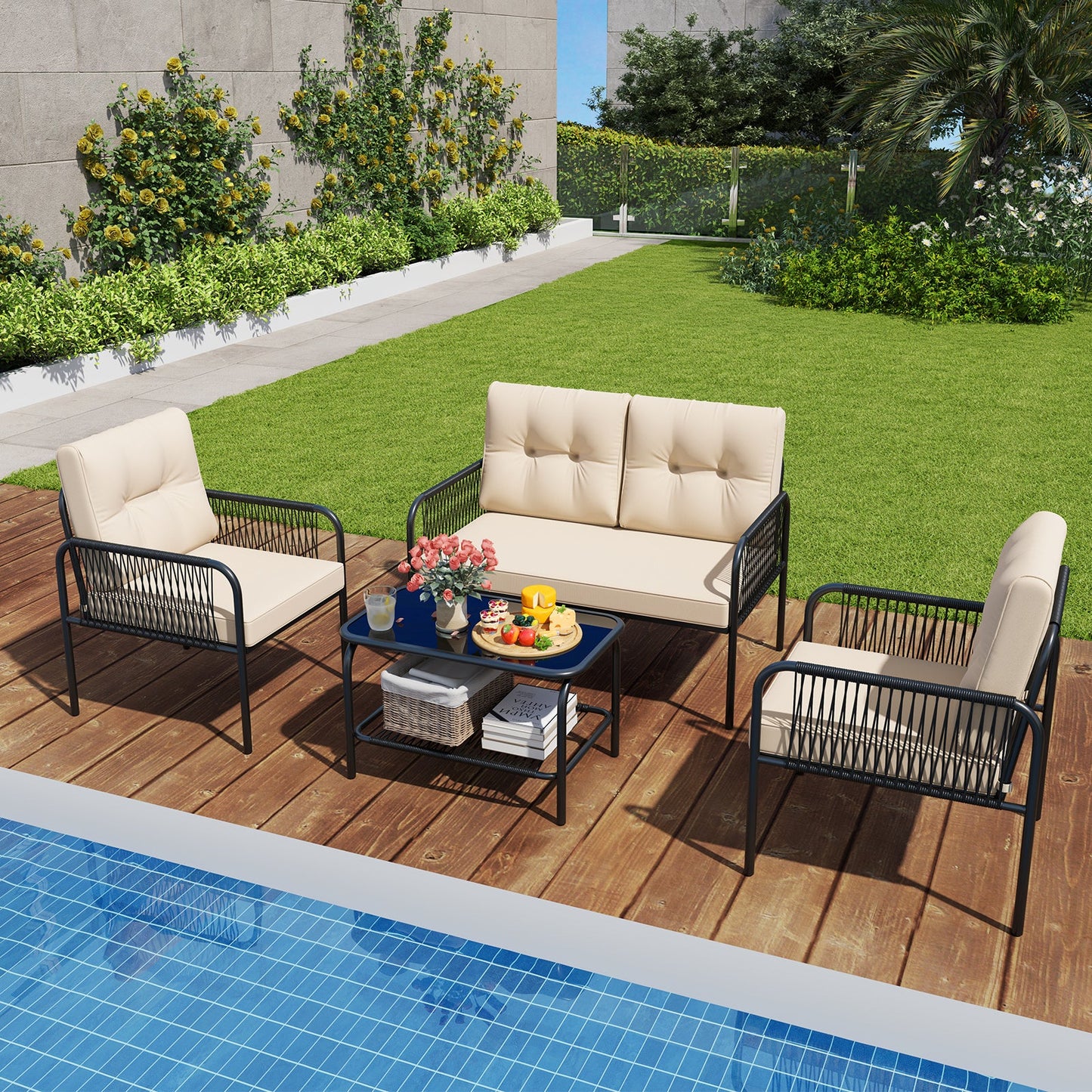 4 Pieces Patio Furniture Set PE Rattan Sofa Chairs with Loveseat-Beige on outdoor deck near pool