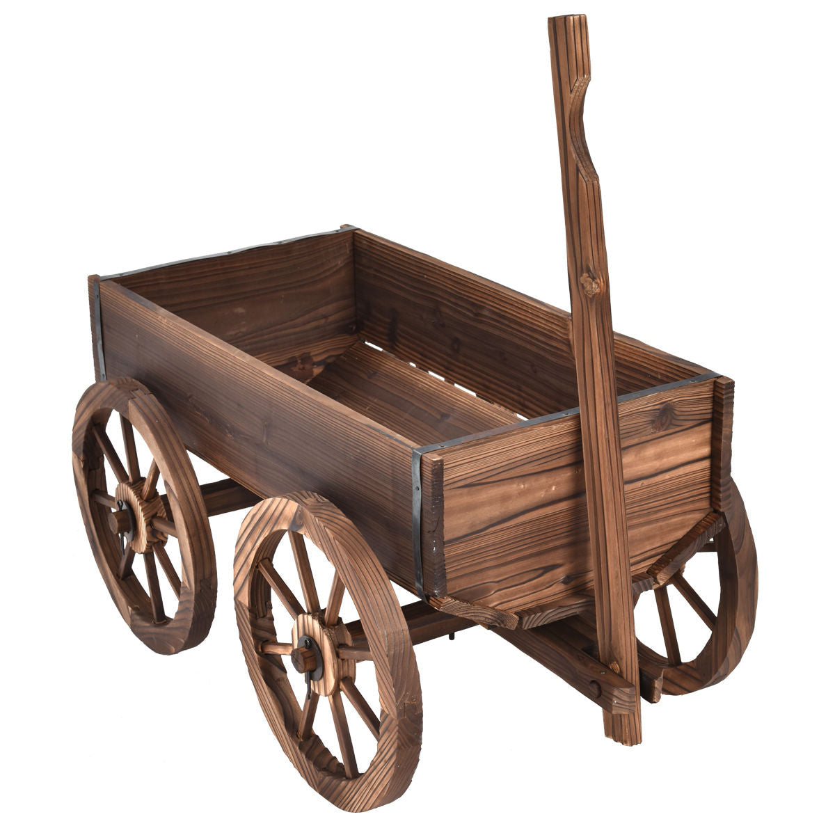 Wood Wagon Planter Pot Stand with Wheels made from solid Fir wood, rustic antique design, ideal for outdoor plant decor.