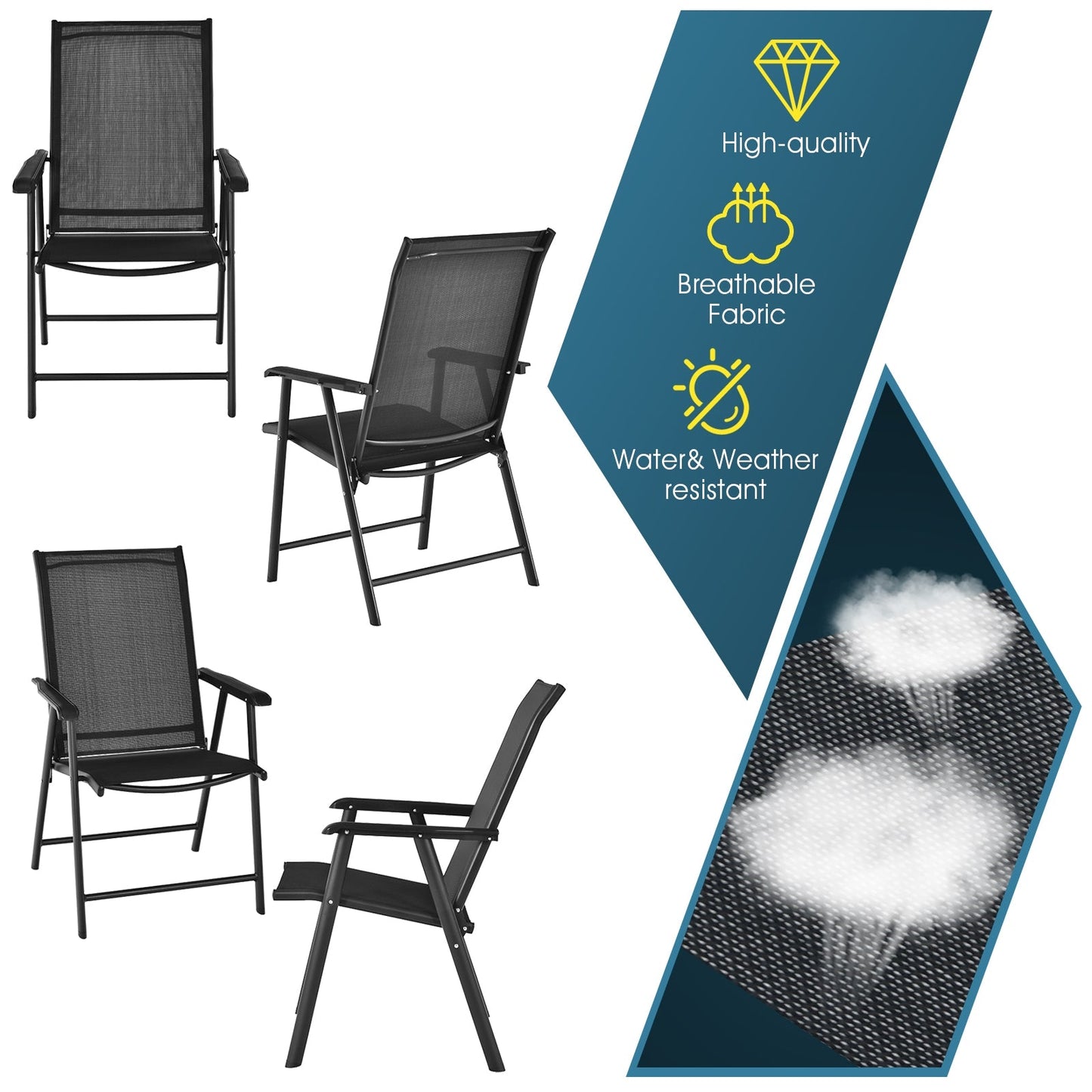 4-Pack Patio Folding Chairs Portable for Outdoor Camping-Black, high-quality steel frame, breathable fabric, water resistant.