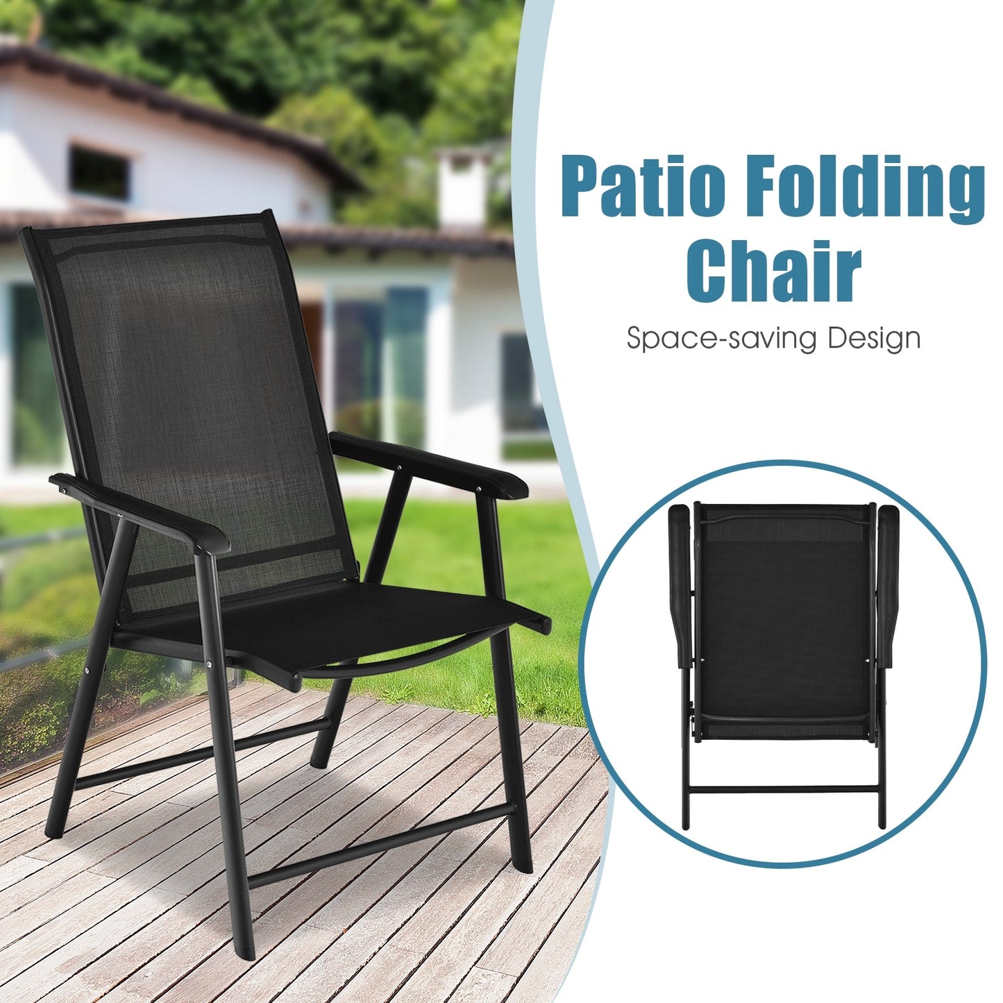 Black 4-Pack Patio Folding Chairs Portable for Outdoor Camping with steel frame and armrest, perfect for gatherings and events.