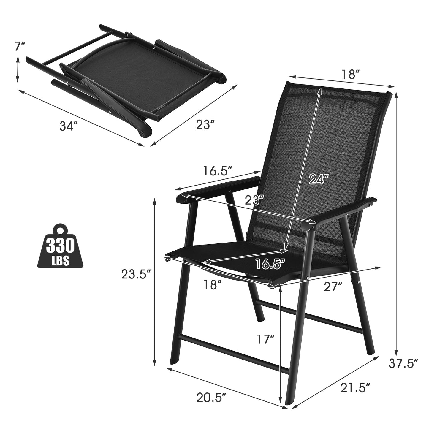 Dimensions and design of 4-Pack Patio Folding Chairs Portable for Outdoor Camping-Black with 330 lbs weight capacity