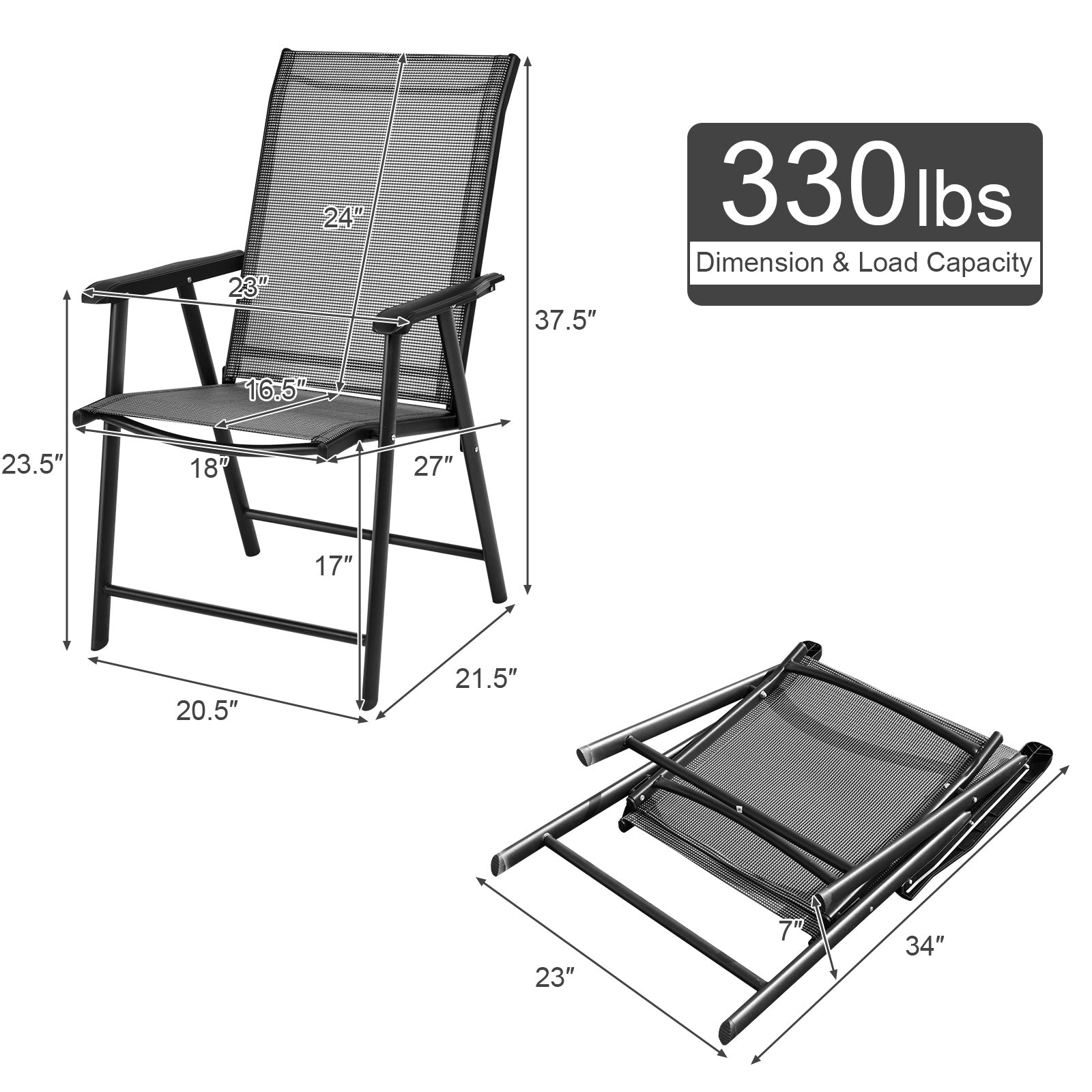 Set of 2 Outdoor Patio Folding Chairs-Gray showing dimensions and 330 lbs weight capacity, ergonomic design with foldable frame.