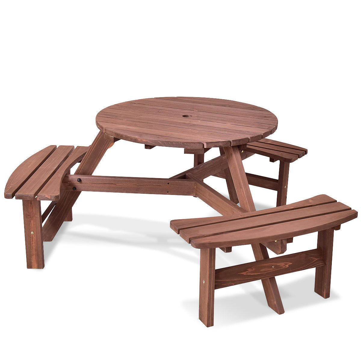 6 Person Wooden Picnic Table Set with Bench and Umbrella Hold featuring durable fir wood and modern design with umbrella support.