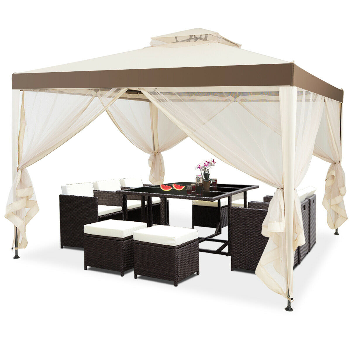 Canopy Gazebo Tent Shelter Garden Lawn Patio with Mosquito Netting-Beige providing shade and comfort in an outdoor setting.