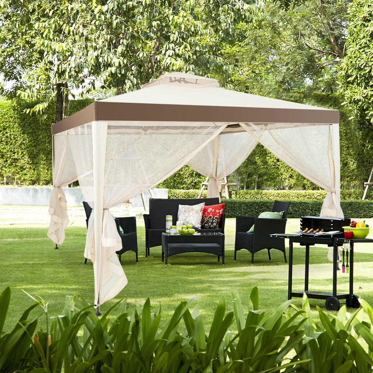 Canopy Gazebo Tent Shelter Garden Lawn Patio with Mosquito Netting-Beige providing shade and comfort for outdoor gatherings.