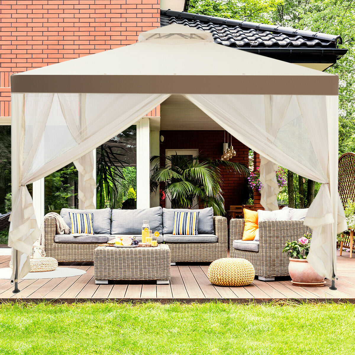 Canopy Gazebo Tent Shelter Garden Lawn Patio with Mosquito Netting-Beige set up on a wooden deck with outdoor seating.