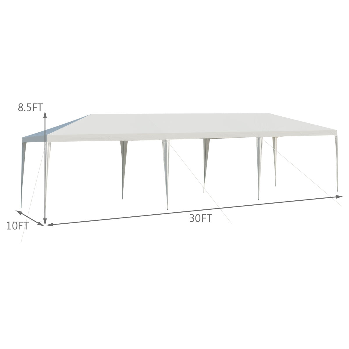 10 x 30 Feet Gazebo Canopy Tent with Connection Stakes and Wind Ropes, showing dimensions and spacious design for outdoor events.