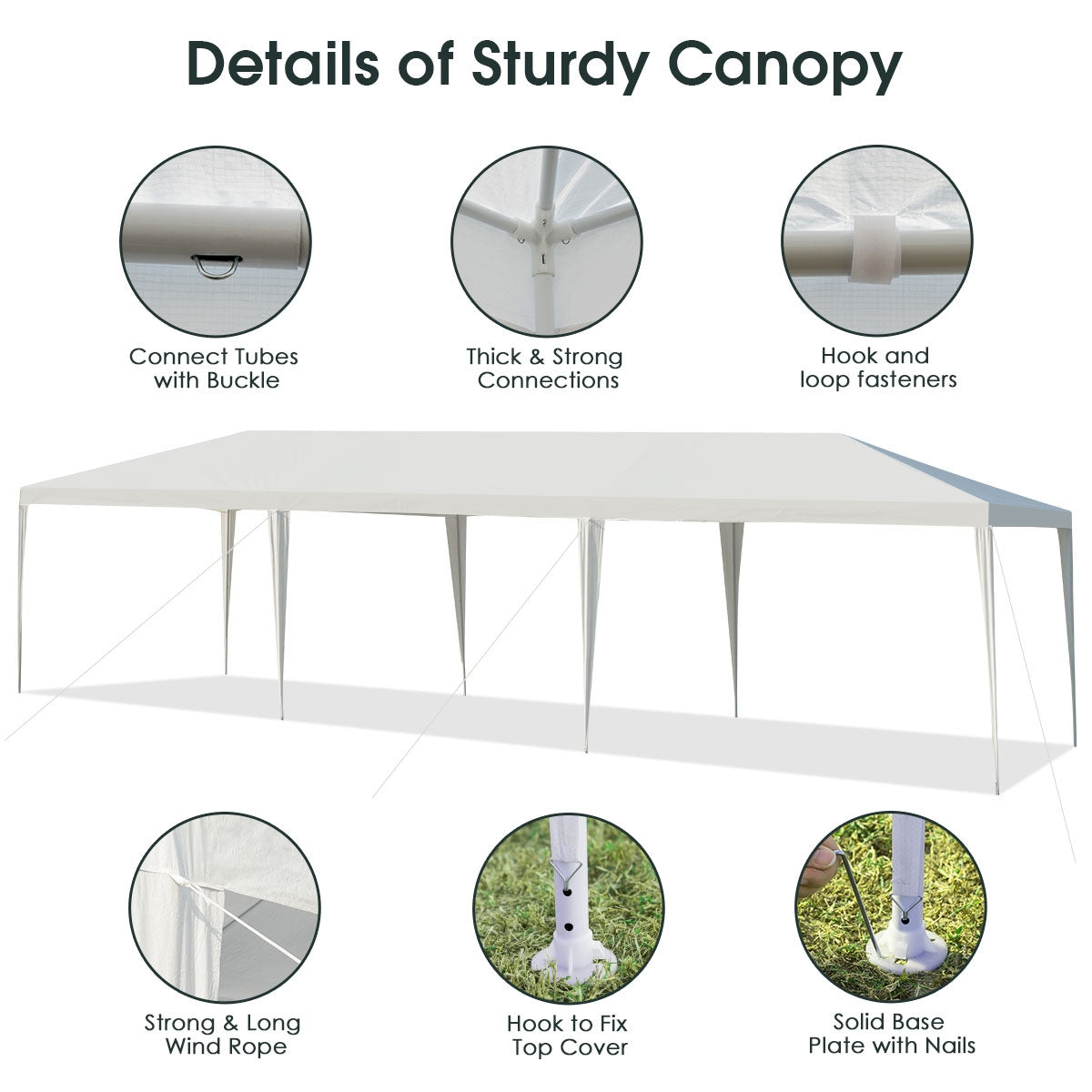 10 x 30 Feet Gazebo Canopy Tent with Connection Stakes and Wind Ropes showing sturdy details and attachments.