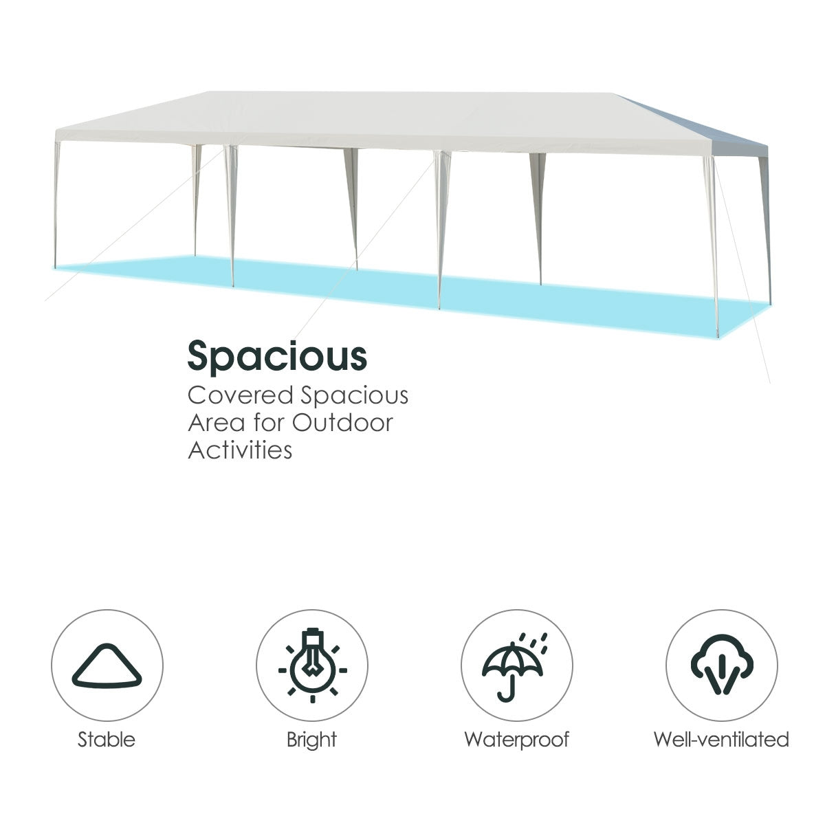 10 x 30 Feet Gazebo Canopy Tent with Connection Stakes and Wind Ropes, spacious and waterproof for outdoor events.