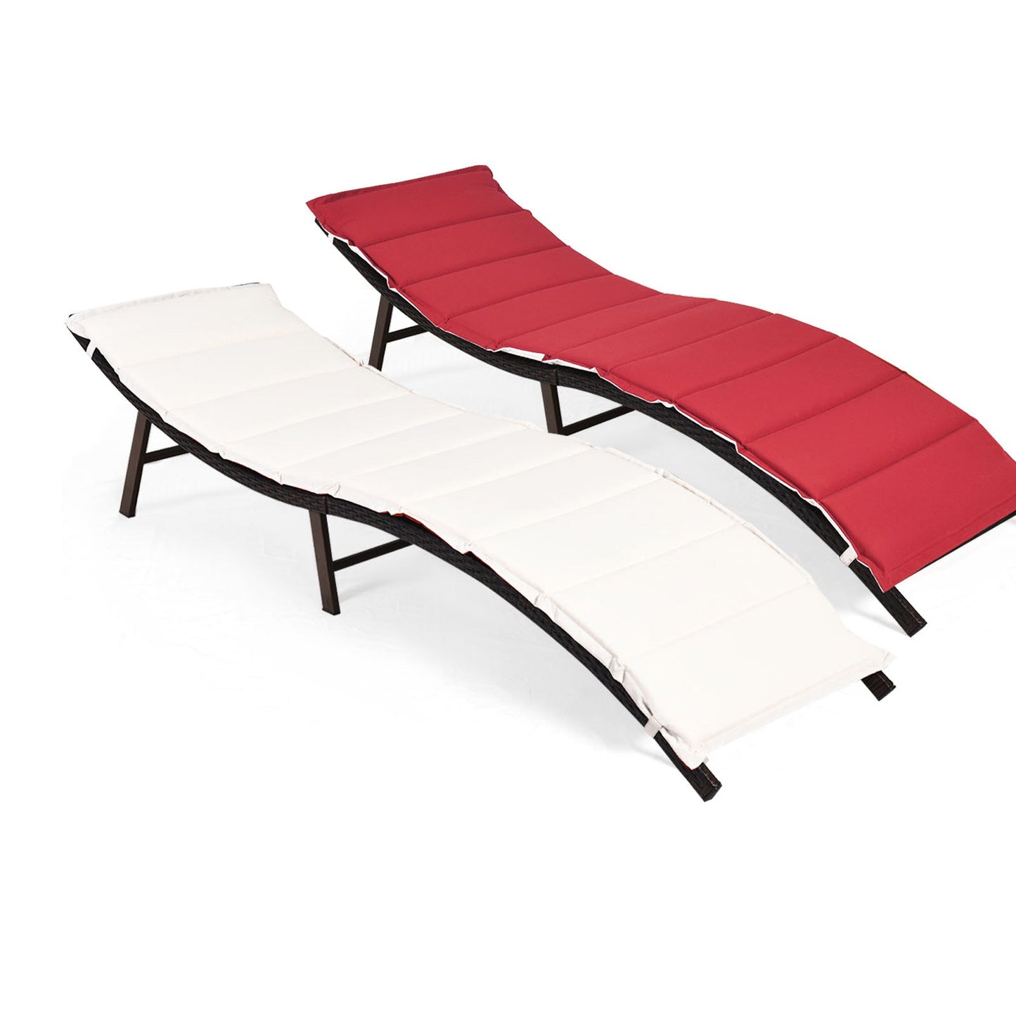 2Pcs Folding Patio Lounger Chair with steel frame and wicker, featuring red and white cushions for outdoor use.
