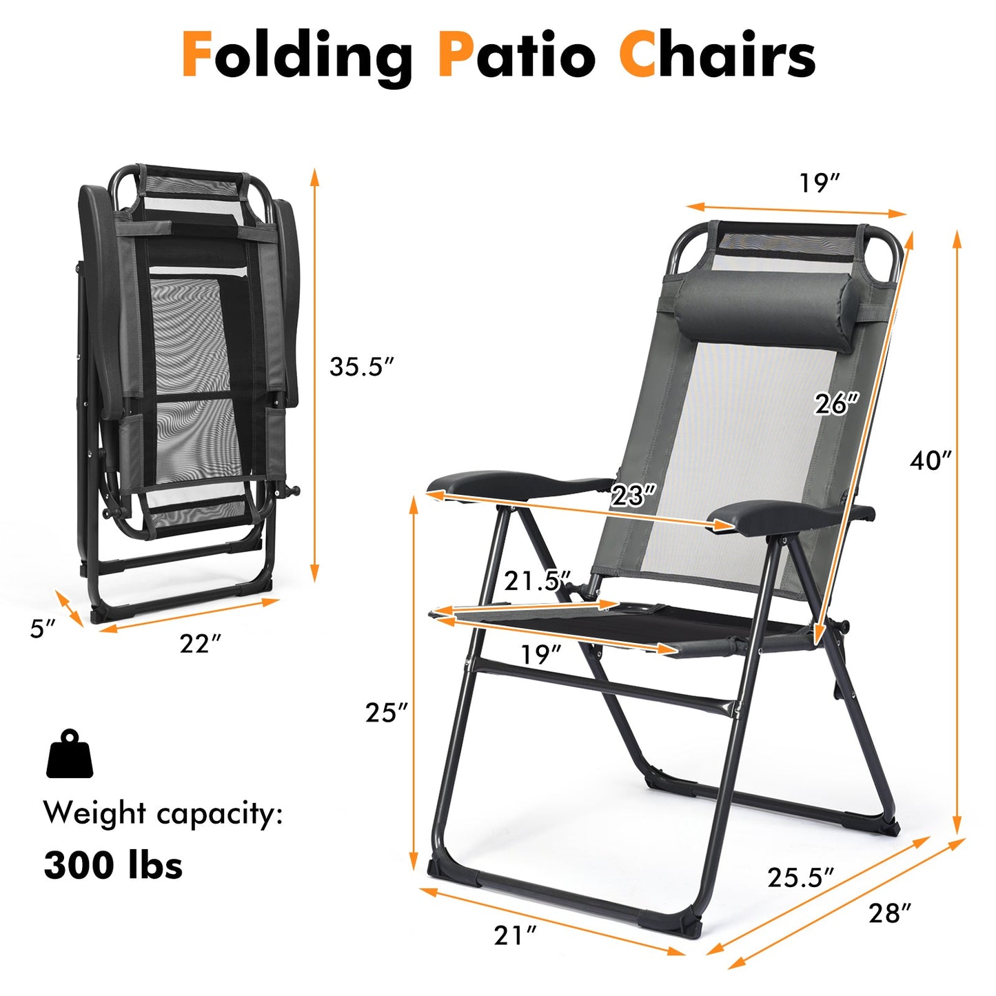 Dimensions and features of 2 Pieces Patio Adjustable Folding Recliner Chairs with 7 Level Adjustable Backrest-Gray