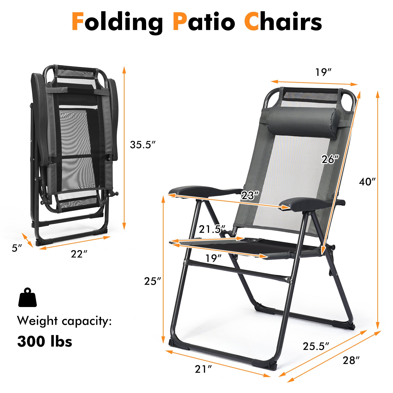 Dimensions and features of 2 Pieces Patio Adjustable Folding Recliner Chairs with 7 Level Adjustable Backrest-Gray