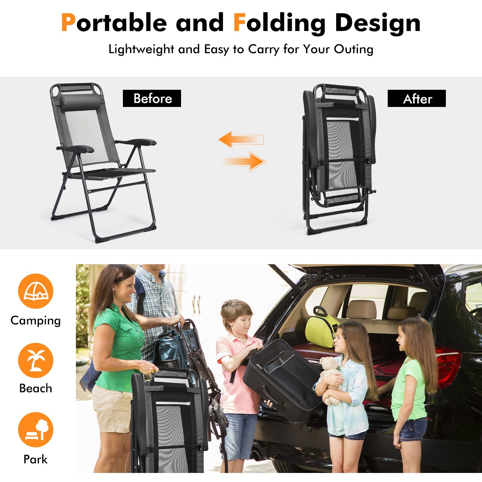2 Pieces Patio Adjustable Folding Recliner Chairs with 7 Level Adjustable Backrest-Gray showing foldable design and uses at camping, beach, and park.