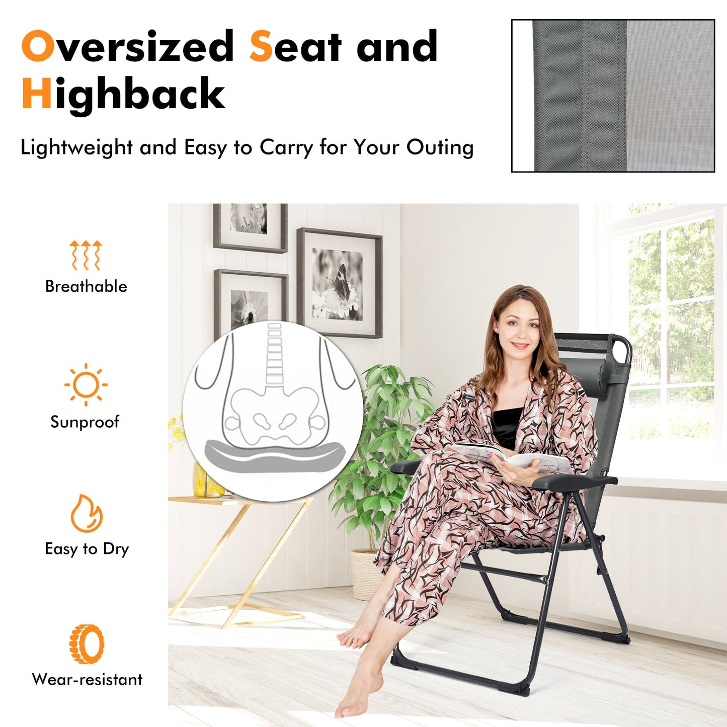 Woman sitting on 2 Pieces Patio Adjustable Folding Recliner Chairs with 7 Level Adjustable Backrest-Gray indoors.