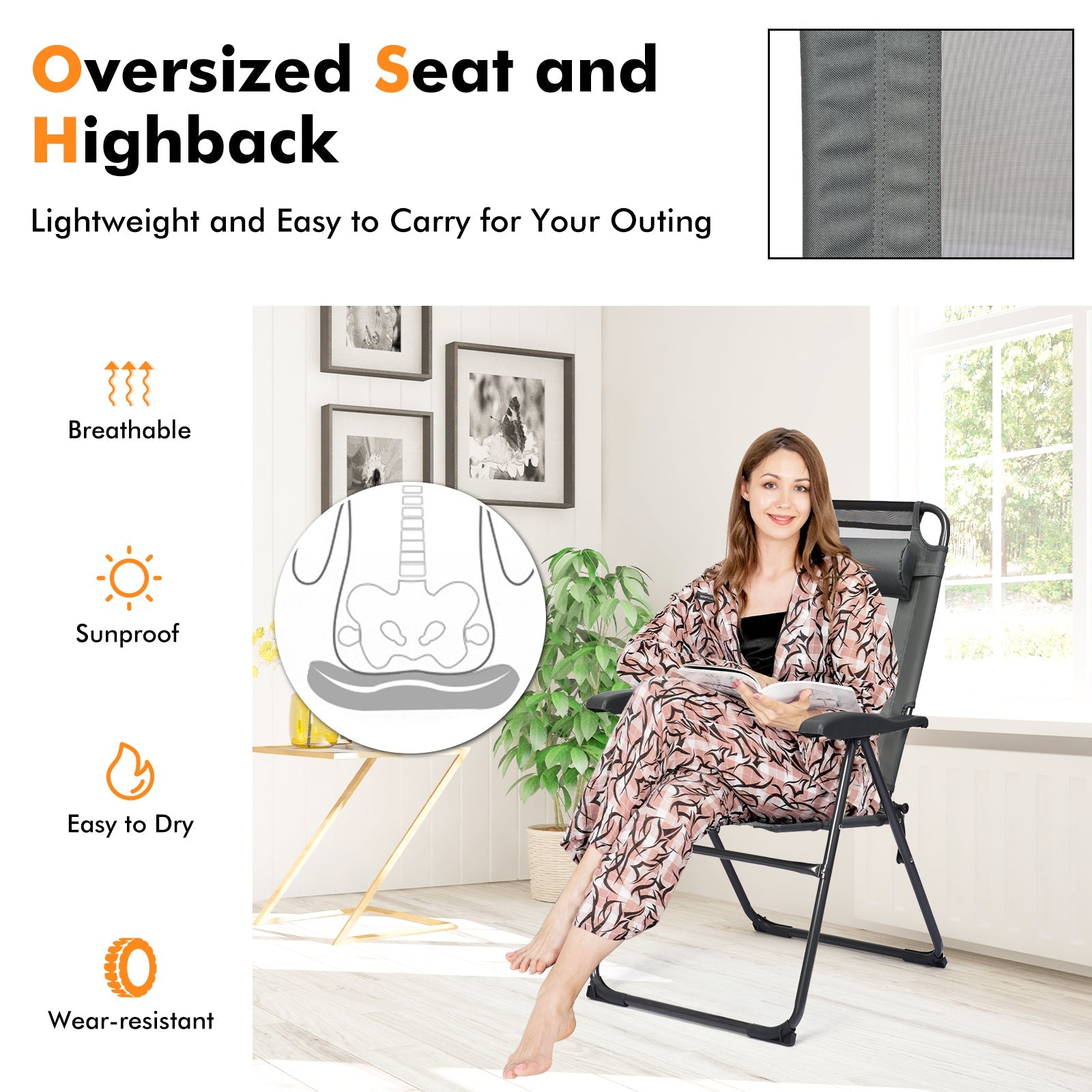 Woman sitting on 2 Pieces Patio Adjustable Folding Recliner Chairs with 7 Level Adjustable Backrest-Gray indoors.